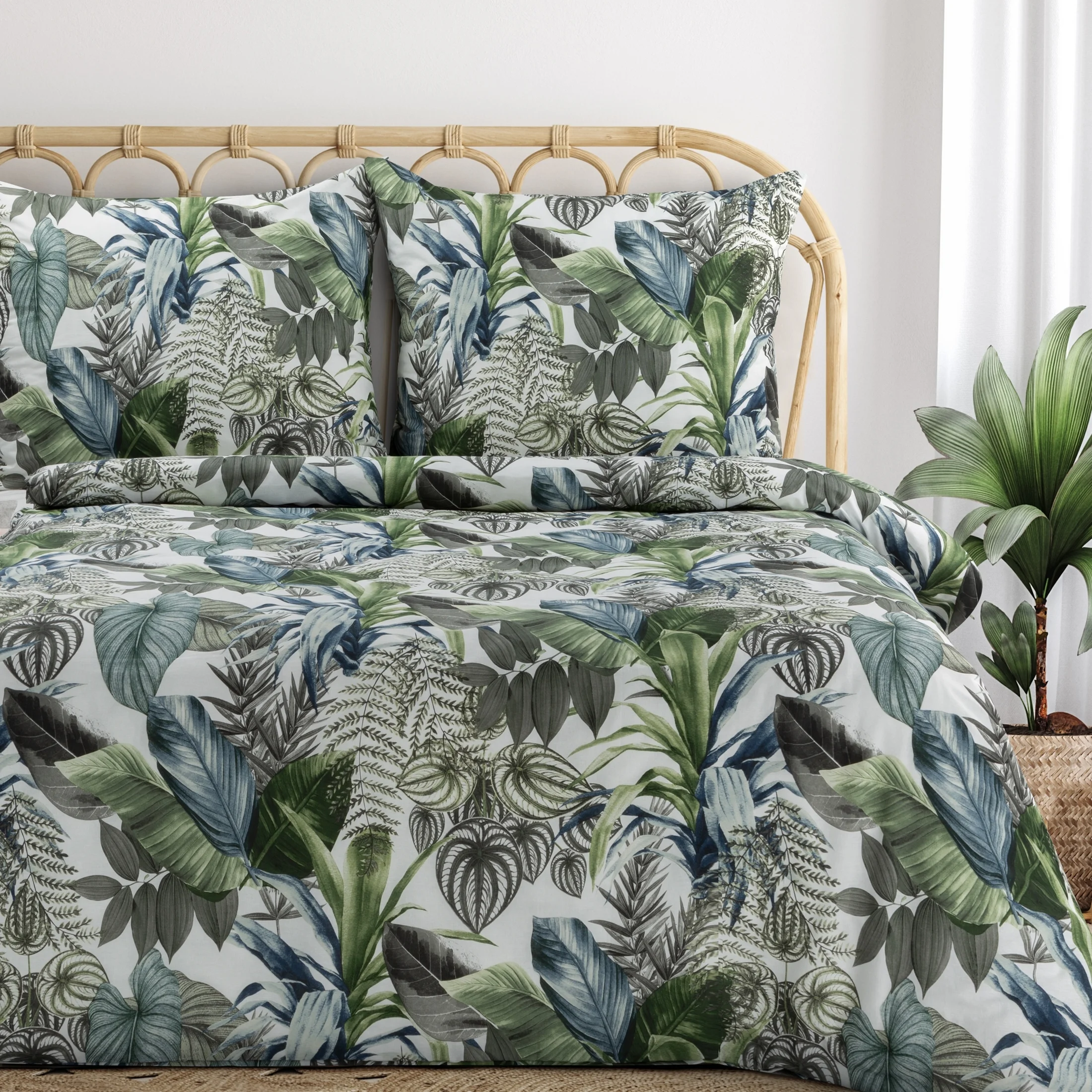 Pościel 220x200 cm bawełniana kolor zielony, biały z wzorem egzotycznych liści DAVOS | eurofirany