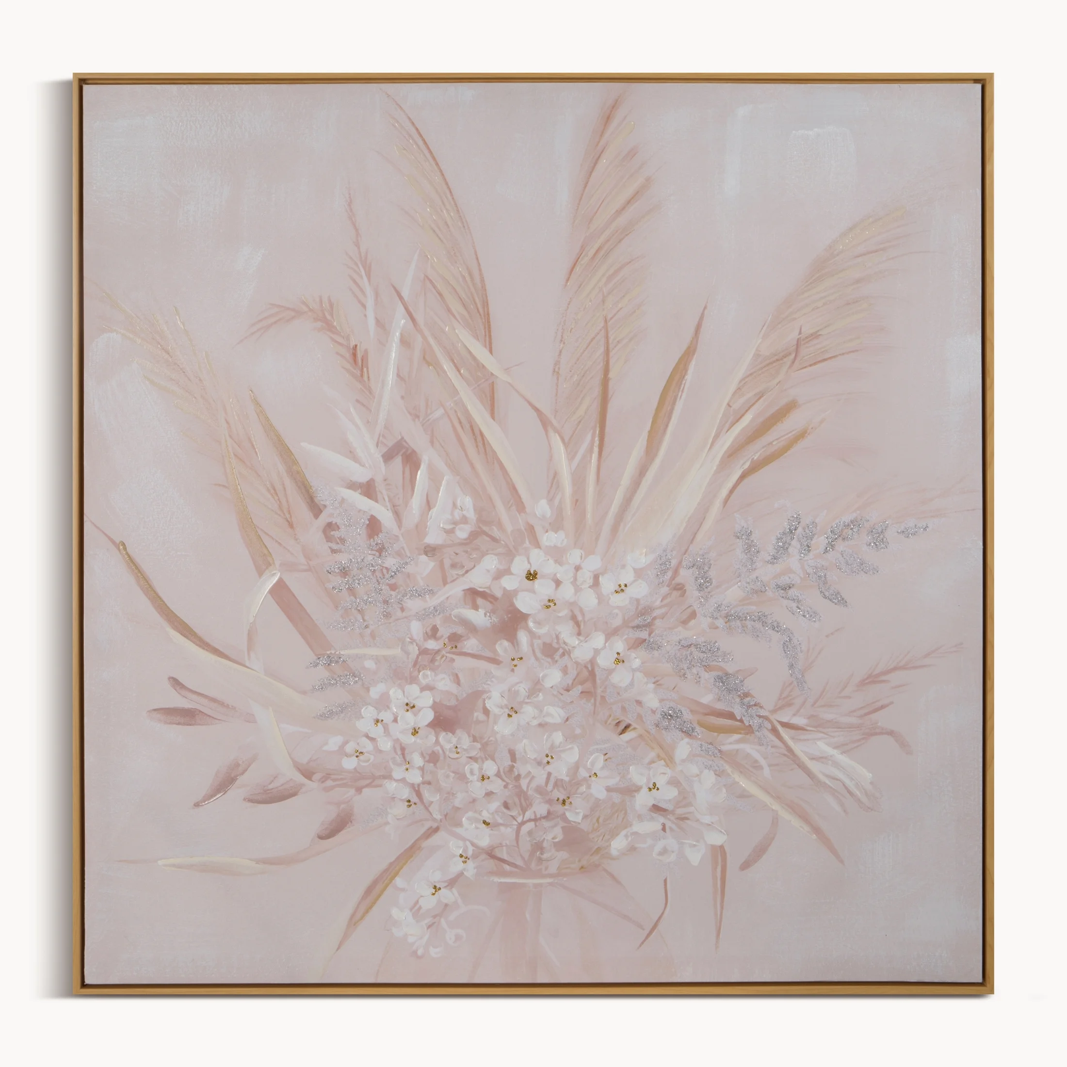 Obraz roślinny beżowy ręcznie malowany na płótnie bukiet kwiatów z trawą pampasową 80x80 cm | eurofirany