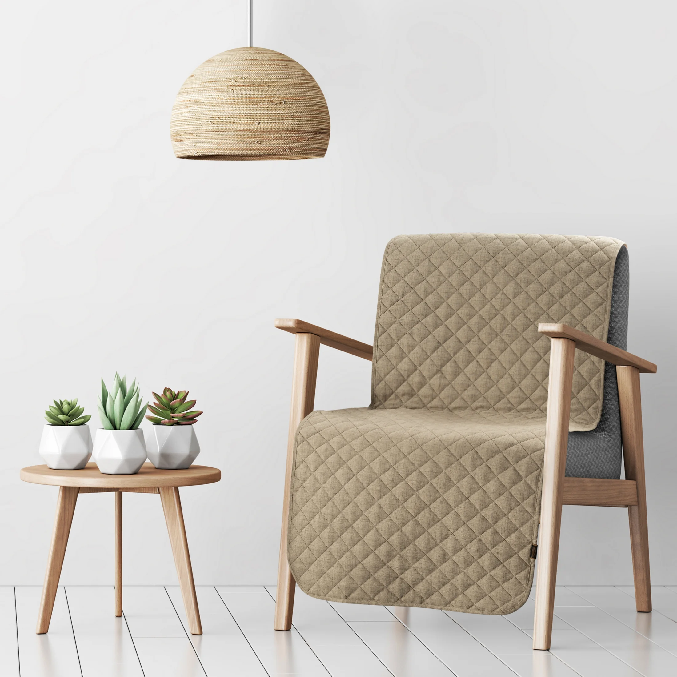 Narzuta ma fotel o strukturze lnu ciemnobeżowa 70x160 cm pikowana metodą hot press LEN 1 Eurofirany Premium | eurofirany