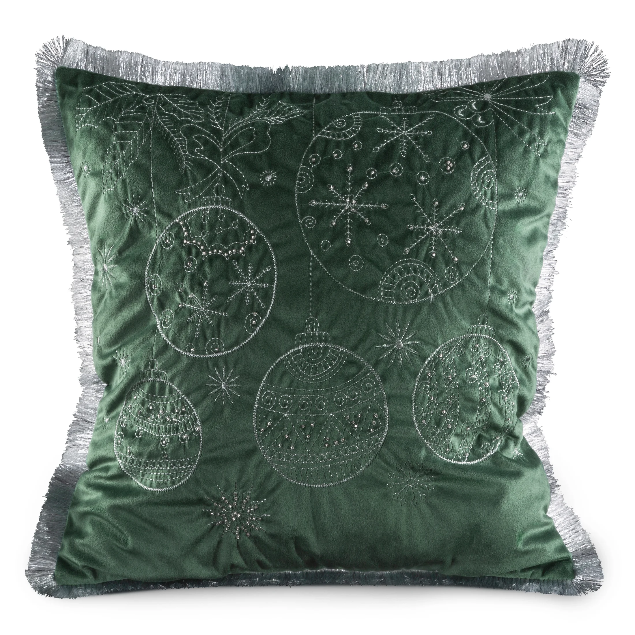 Poszewka na poduszkę 45x45 cm ciemnozielono, srebrna z haftowanym świątecznym motywem i ozdobnymi frędzlami |
