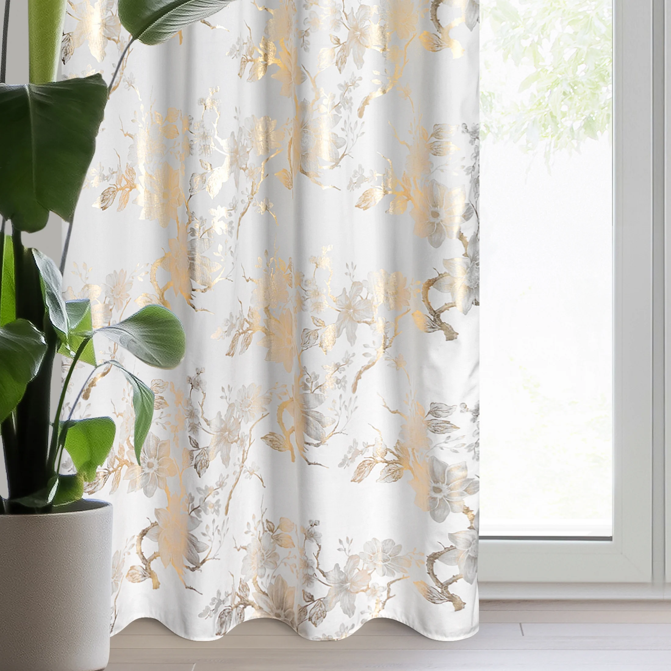 Zasłona biało, szampańska zdobiona nadrukiem błyszczących kwiatów 140x250 cm przelotka - CELIA | eurofirany