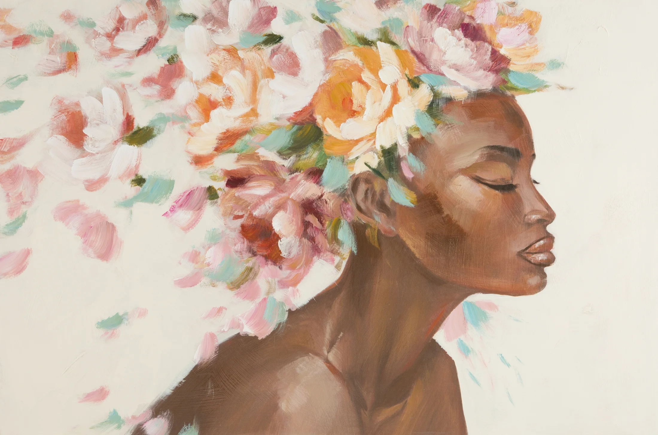 Obraz postaci beżowo, różowy ręcznie malowany na płótnie kobieta z kwiatami na głowie 90x60 cm DREAMS 2 | eurofirany