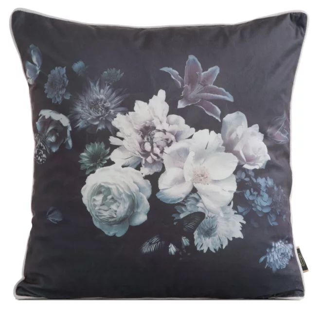 Poszewka na poduszkę 45x45 cm welwetowa, czarno fioletowa, dwustronna z motywem kwiatów VELVET 133 Eurofirany Premium