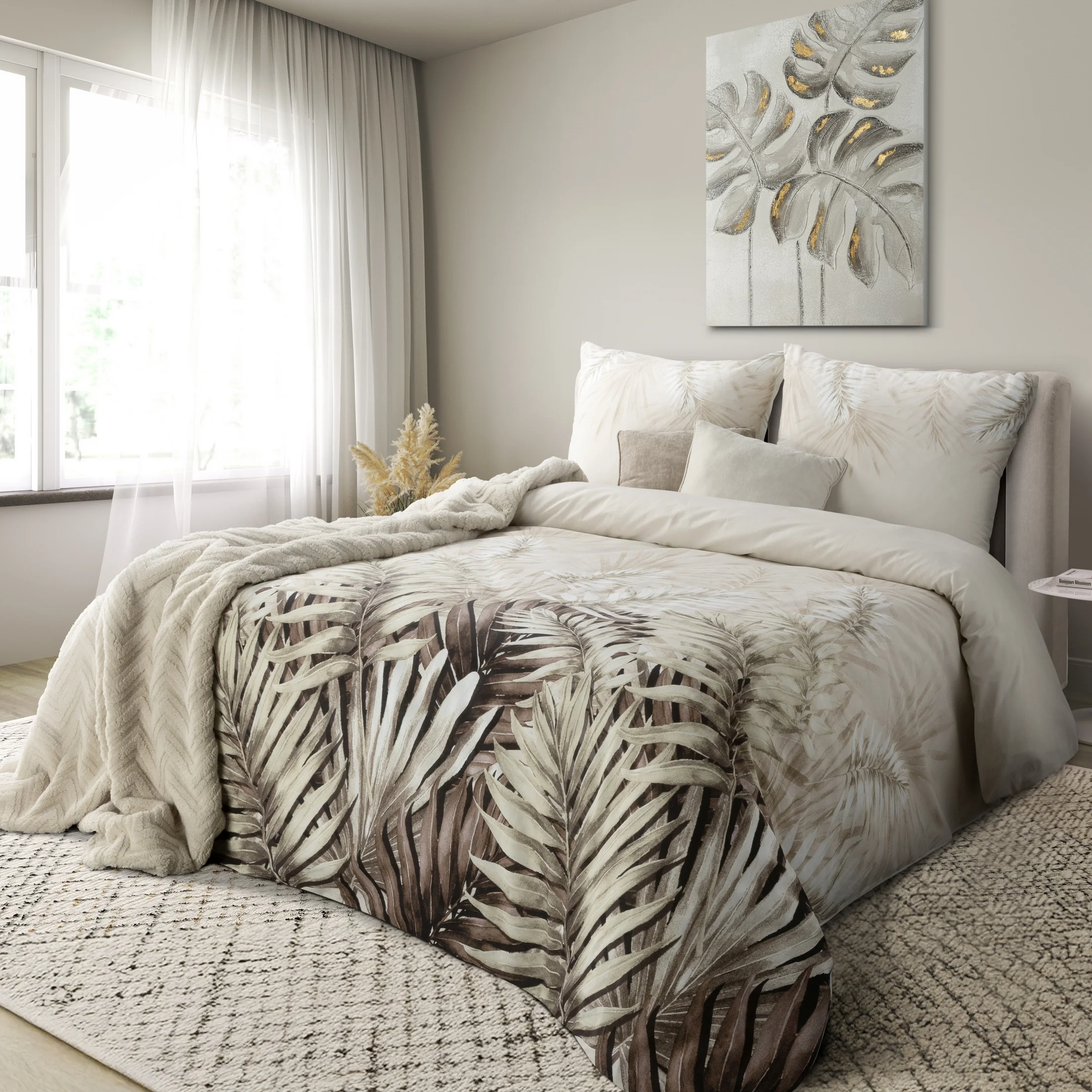 Pościel 160x200 cm bawełna ranforce kolor biały brązowy z motywem roślinnym NESSA | eurofirany