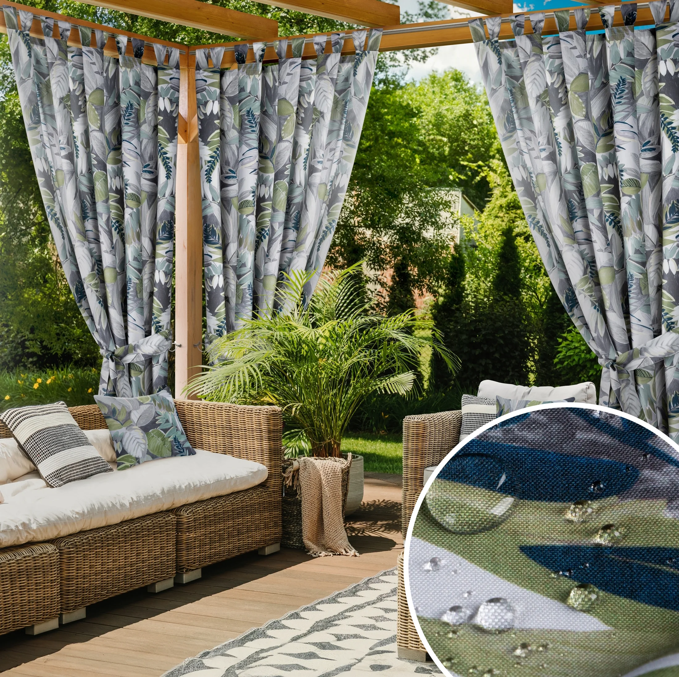 Zasłona zielono, szara z wodoodpornej tkaniny idealna do ogrodu i na taras 155x220 cm szelki/rzep - GARDEN | eurofirany