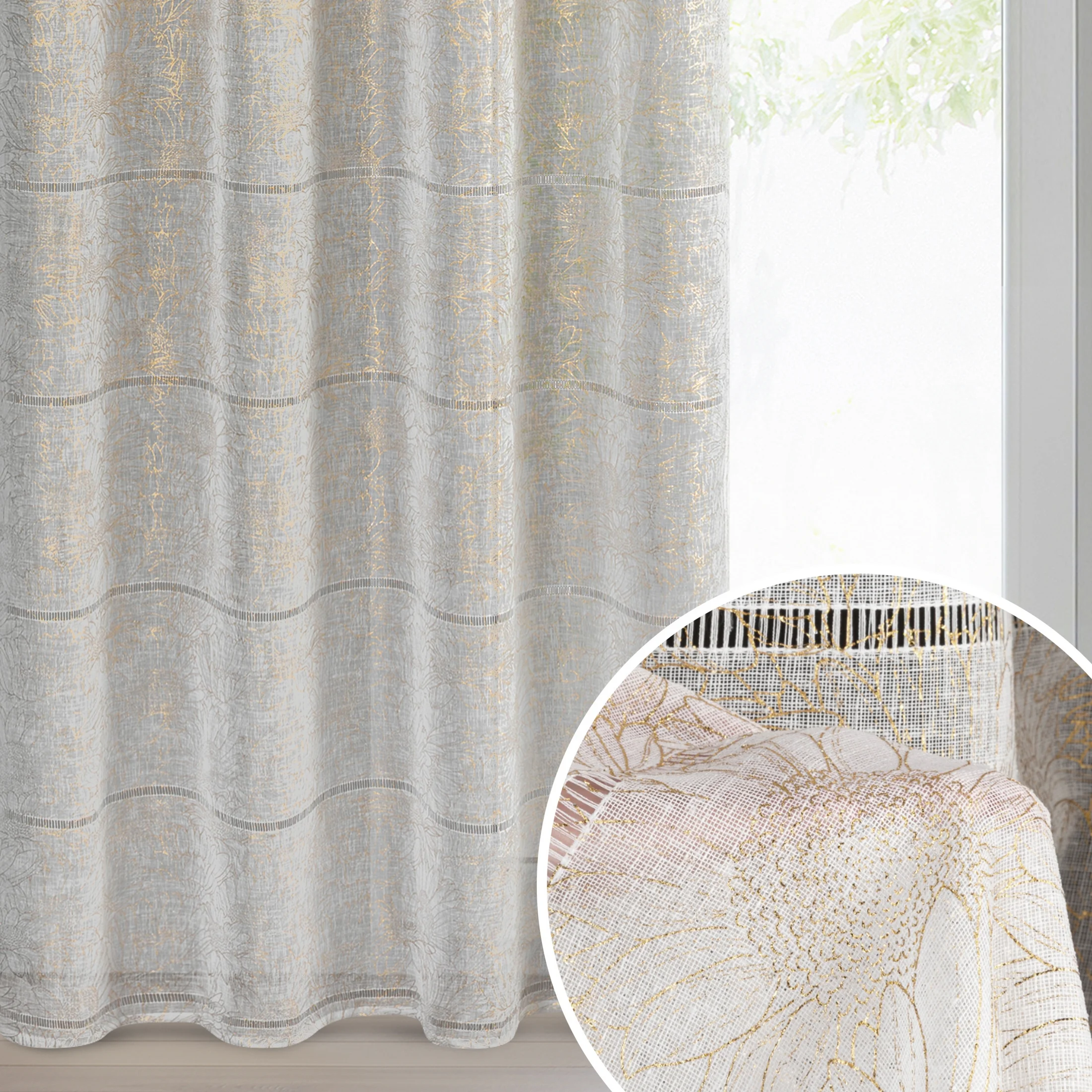 Firana biało, złota zdobiona ażurowymi paskami i roślinnym nadrukiem 140x250 cm przelotka - KATY | eurofirany