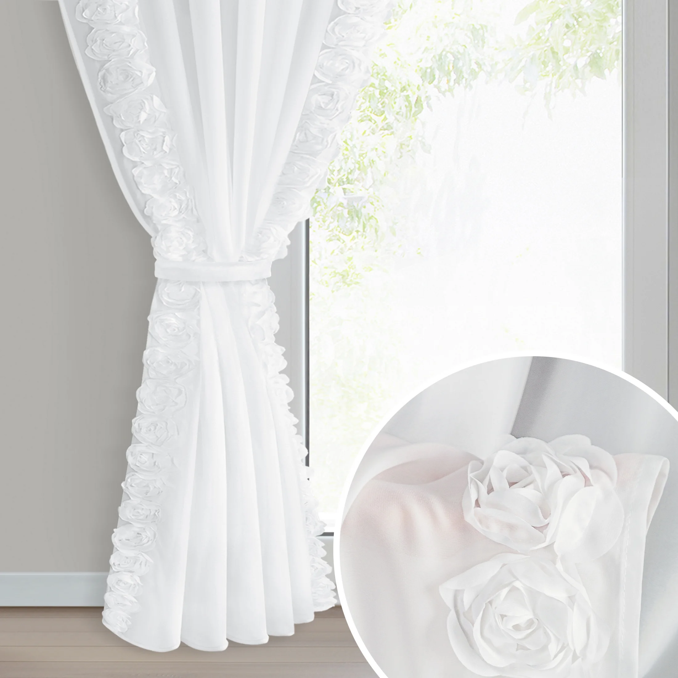 Firana biała z szyfonu zdobiona na brzegach pasem 3D róż z troczkiem w zestawie 140x270 cm taśma - ROSES Eva Minge | eurofirany