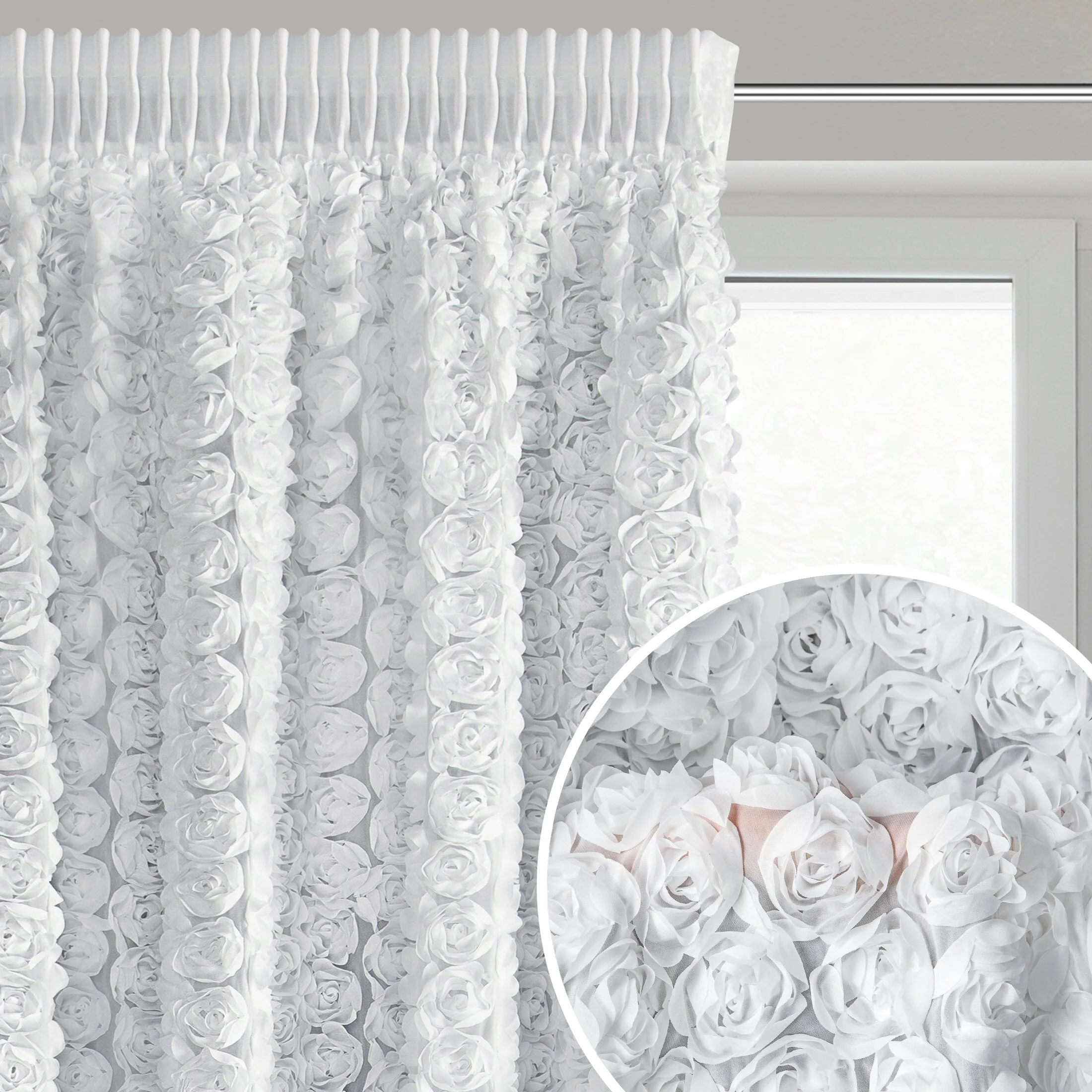 Zasłona biała z szyfonu zdobiona różami 3D 140x270 cm taśma - ROSES Eva Minge | eurofirany