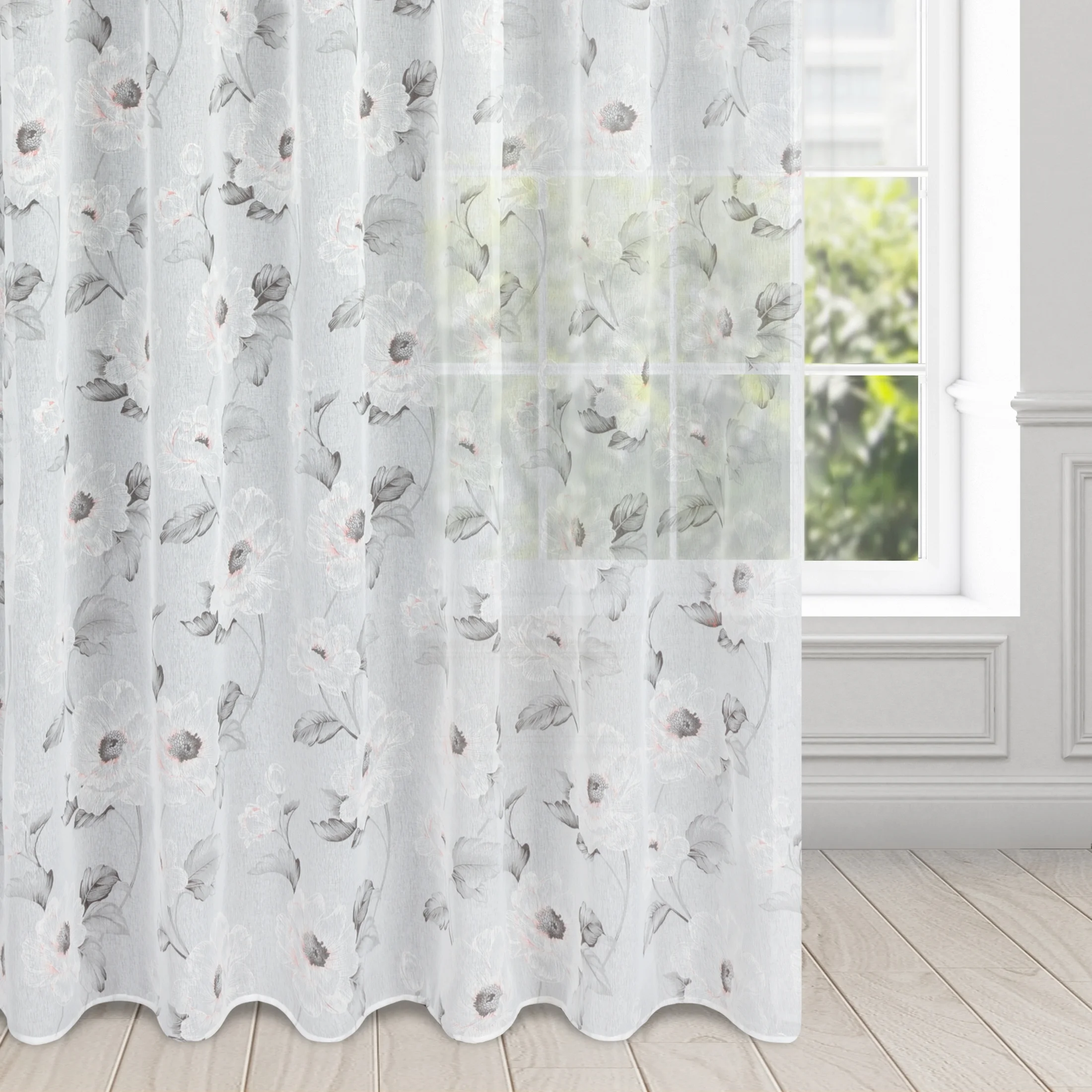 Firana biało, różowa z matowej etaminy z kwiatowym motywem 350x250 cm przelotka BESSY | eurofirany