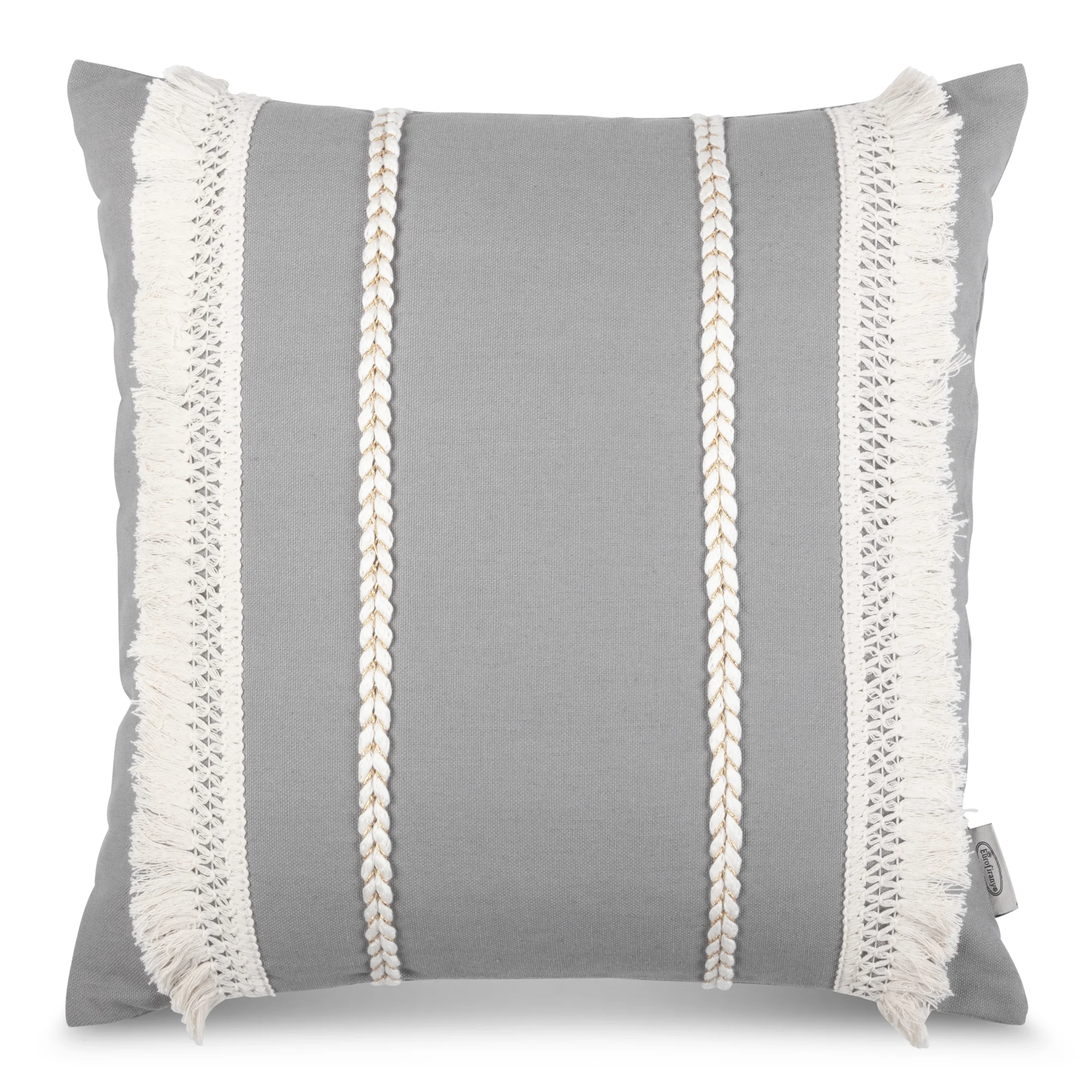 Poszewka na poduszkę 45x45 cm z bawełny szara z aplikacją z frędzlami BOHO |