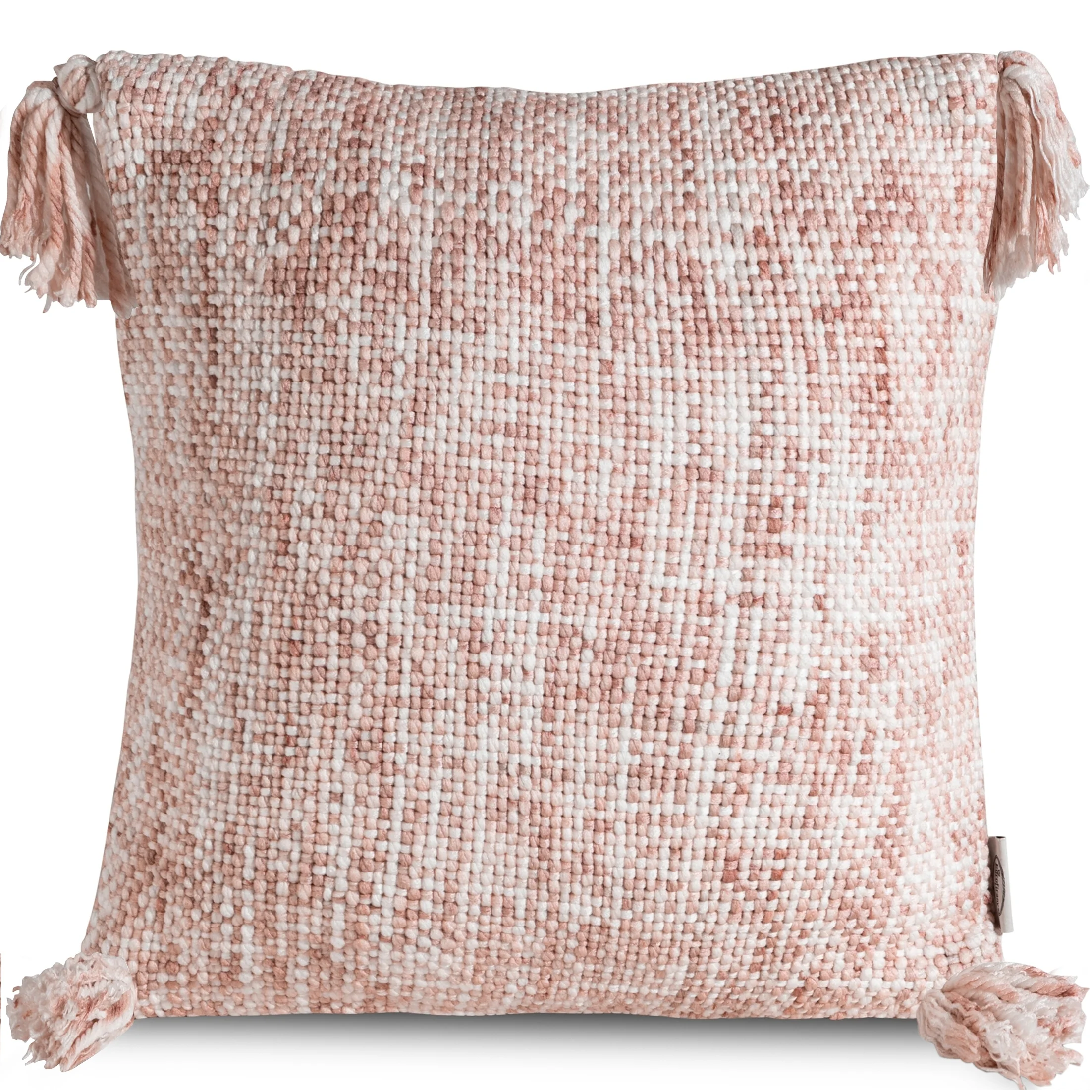 Poszewka na poduszkę 40x40 cm z tkaniny o wyraźnym grubym splocie różowa z chwostami na rogach GATI | eurofirany