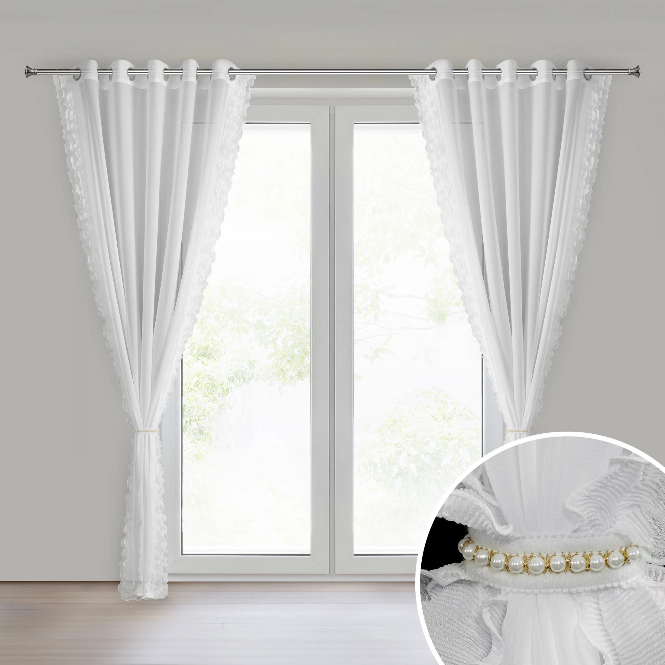 Firana biała z szyfonu zdobiona falbanką na brzegach w komplecie ozdobny troczek 140x250 cm przelotki - LUISA | eurofirany