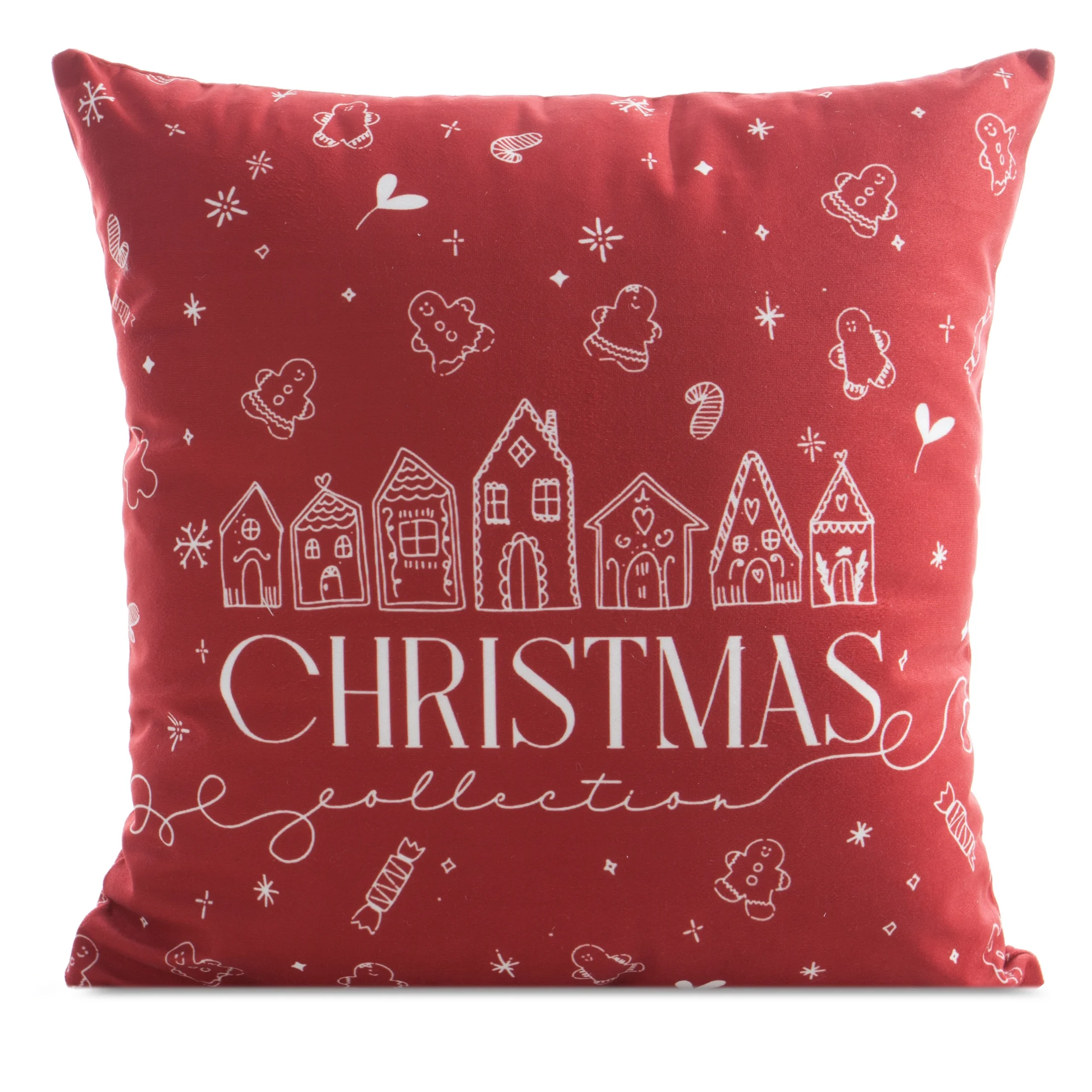 Poszewka na poduszkę 45x45 cm welwetowa czerwono, biała zdobiona świątecznym nadrukiem | eurofirany