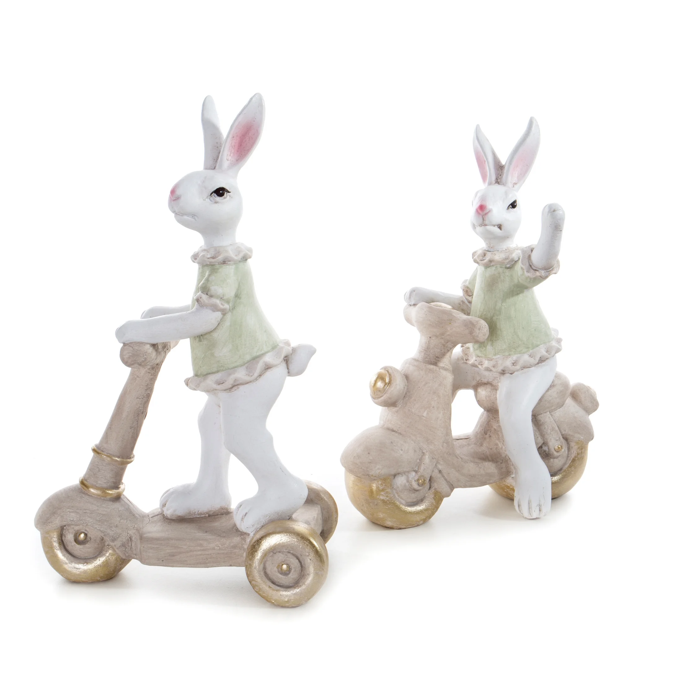 Wielkanocna figurka dekoracyjna uroczego zajączka na skuterku w miętowo, beżowej kolorystyce