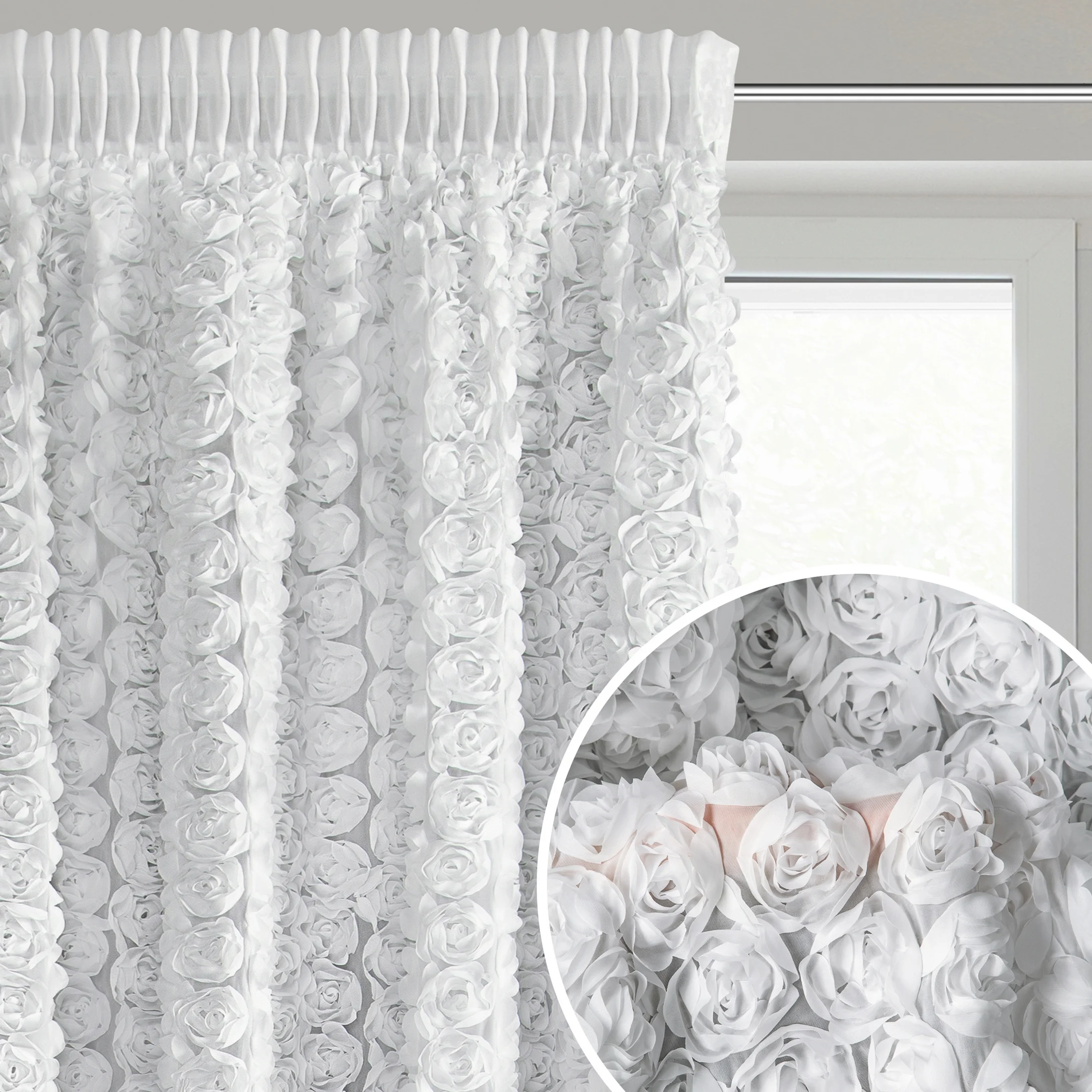 Zasłona biała z szyfonu zdobiona różami 3D 140x270 cm taśma - ROSES Eva Minge | eurofirany