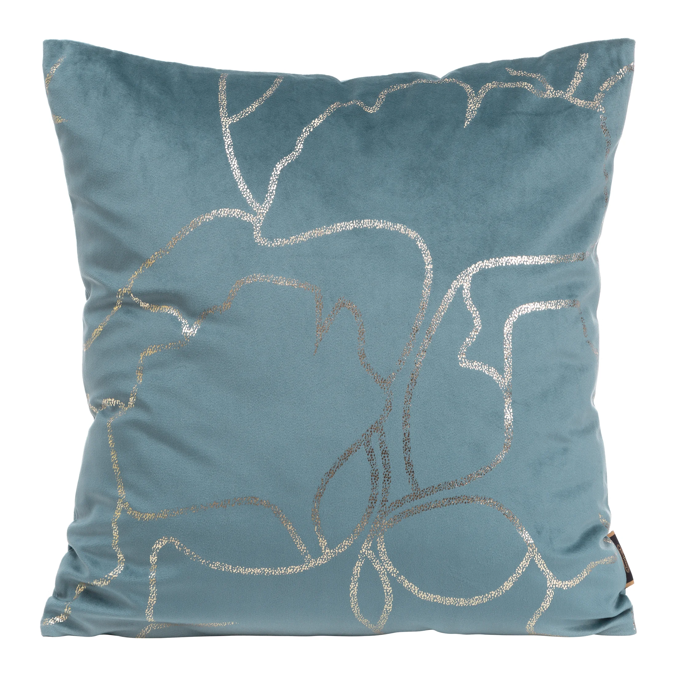 Poszewka na poduszkę 45x45 cm welwetowa niebieska z błyszczącym nadrukiem liści miłorzębu BLINK 35 | eurofirany