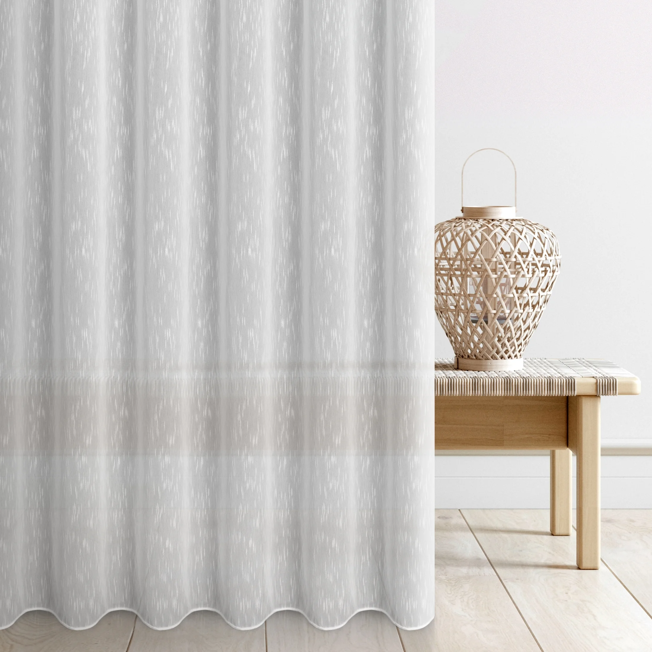 Tkanina firanowa gładka, matowa, lekki batyst, w stylu eko, o niestandardowej wysokości 360 cm wykończony obciążnikiem