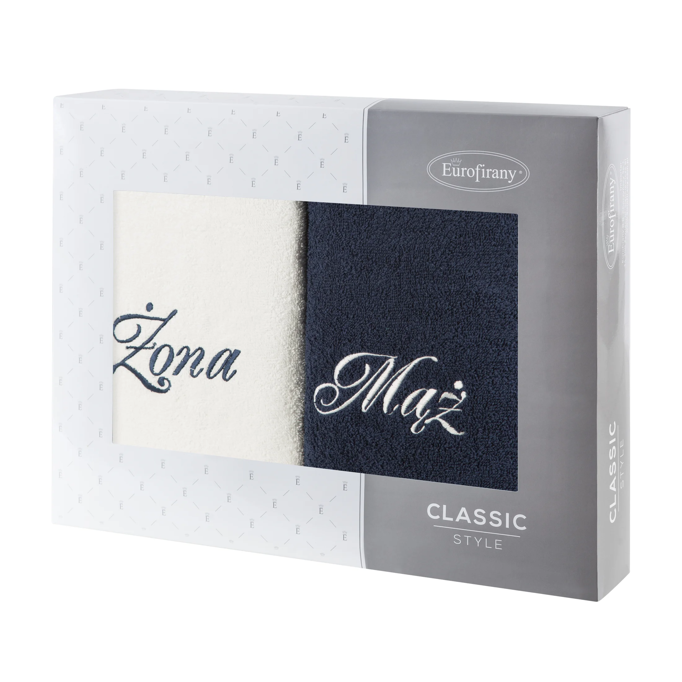 Zestaw ręczników bawełnianych na prezent 2 szt 70x140 cm z haftem Żona i Mąż kolor biały,granatowy 400 g/m2