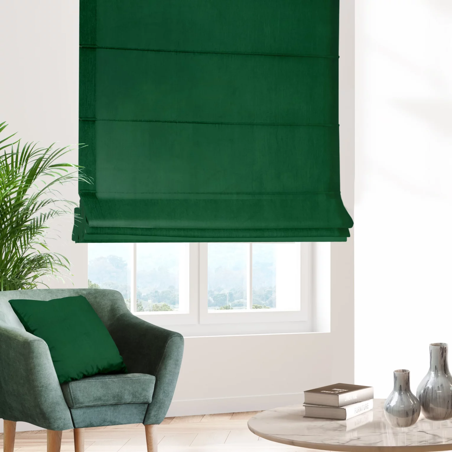 Roleta rzymska ciemnozielona z miękkiej tkaniny welwetowej