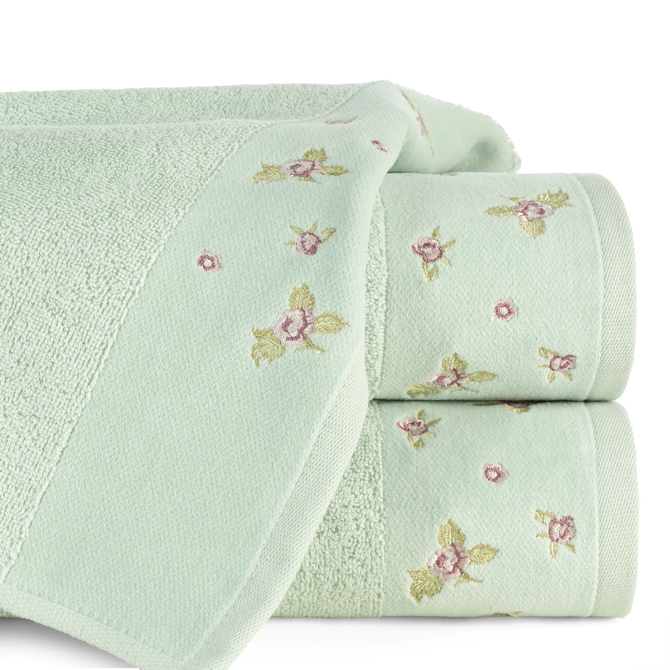 Ręcznik kąpielowy 50x90 cm bawełniany kolor miętowy zdobiony haftem różyczek DALIA