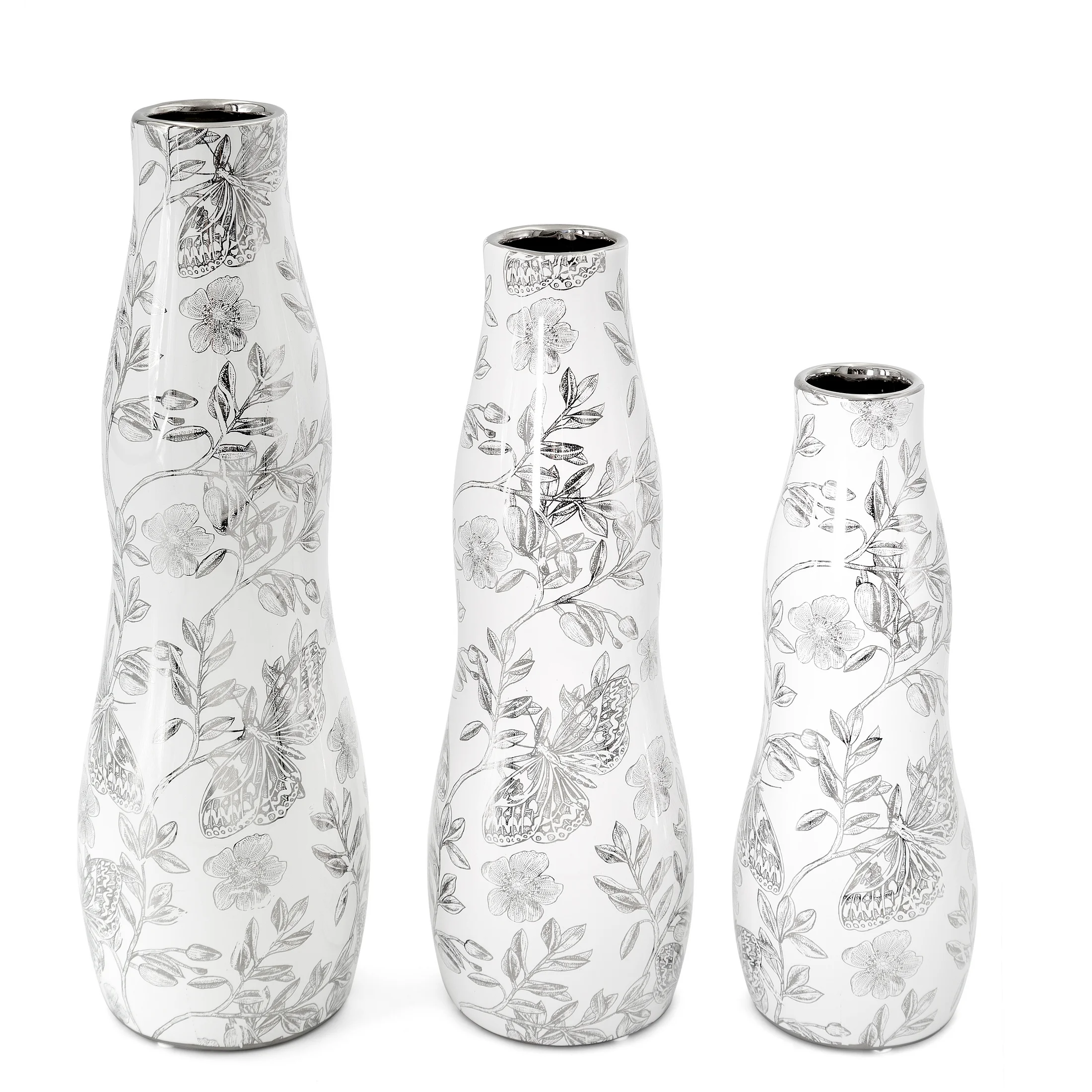Wazon dekoracyjny biało, srebrny zdobiony roślinnym wzorem 9x25 cm RITA