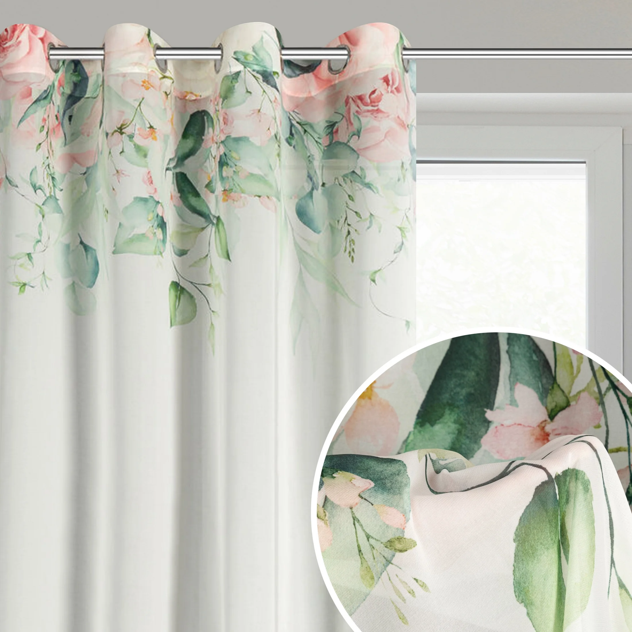 Dekoracja okienna biało, różowa zdobiona nadrukiem kwiatów 135x250 przelotka - ALORA | eurofirany