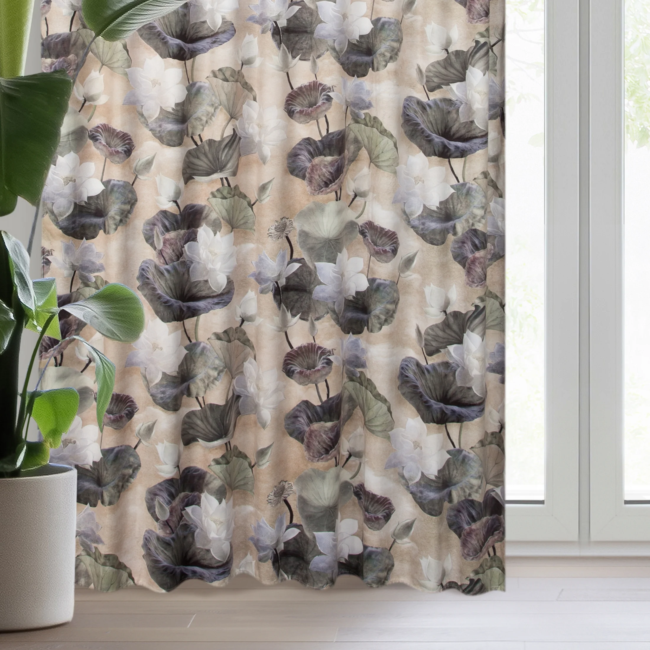 Zasłona beżowo, zielona w kwiaty z welwetu 140x270 cm taśma/szelik - LOTOS | eurofirany