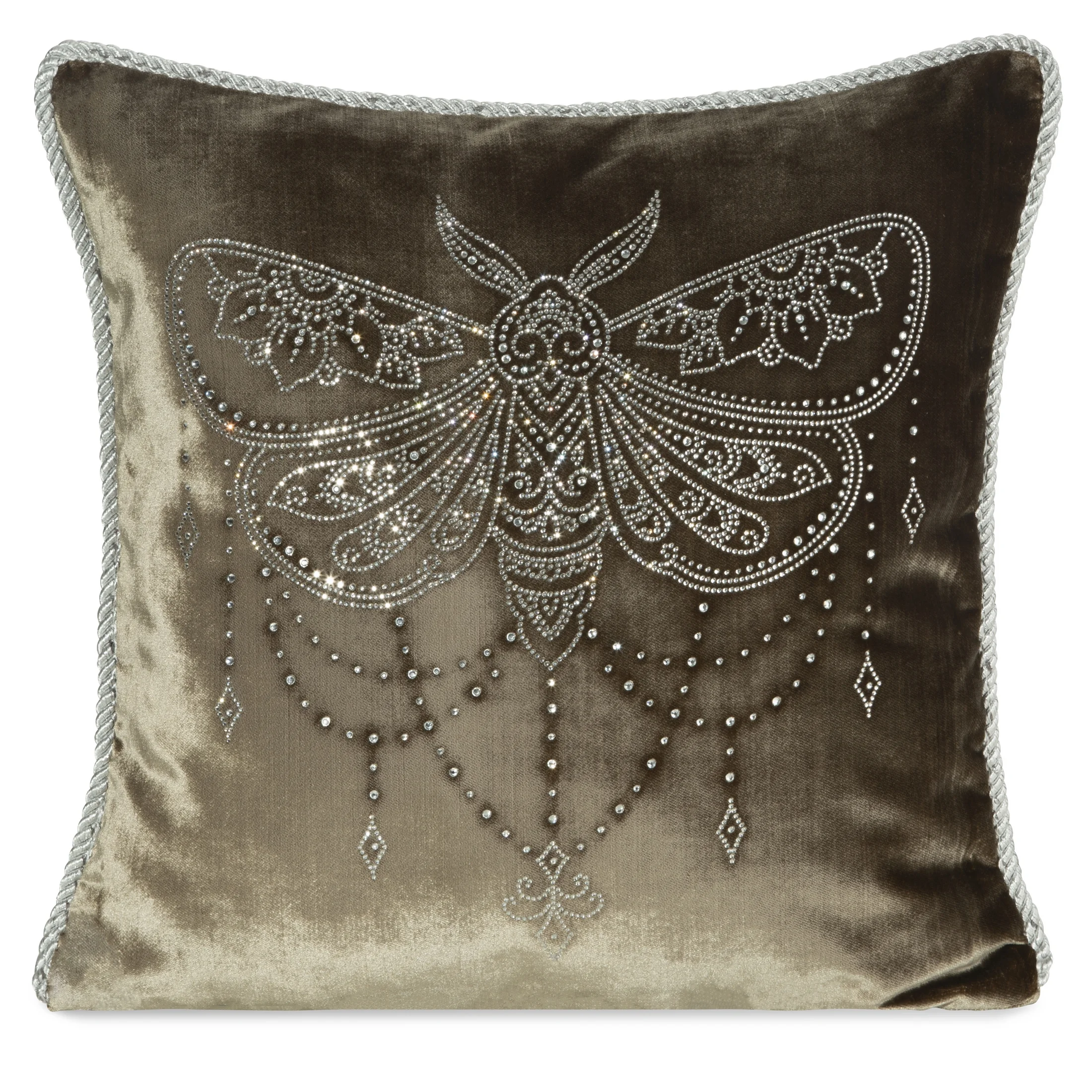 Poszewka na poduszkę 45x45 cm welwetowa, ciemnobeżowa zdobiona wzorem motyla z kryształków ROYAL 8 | eurofirany