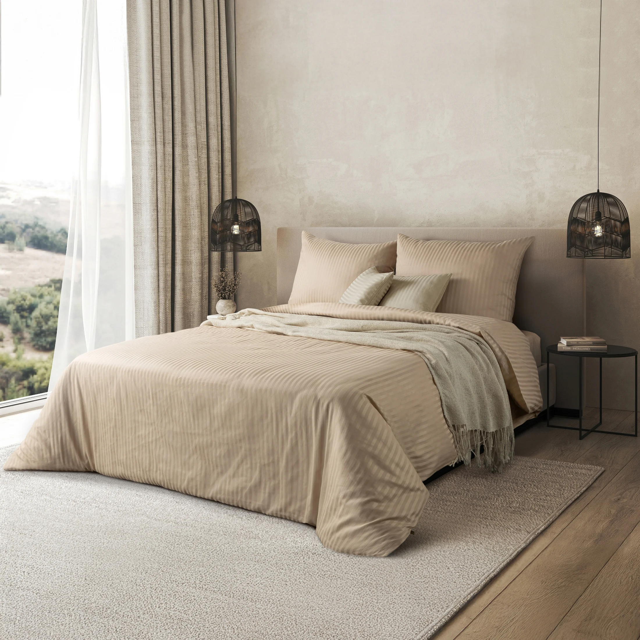 Pościel 160x200 cm satyna bawełniana kolor beżowy w drobne prążki VERA |