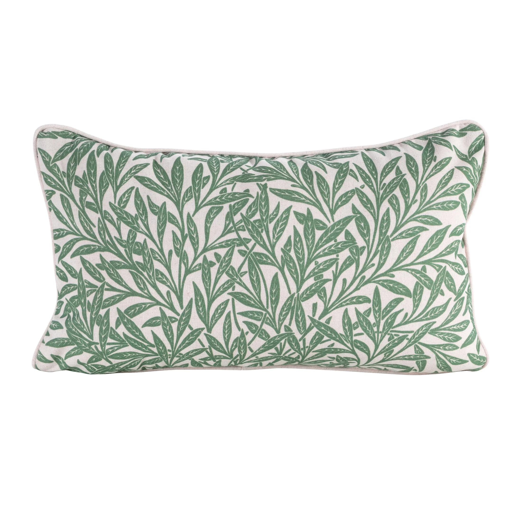 Poszewka na poduszkę 30x50 cm bawełniana z dodatkiem lnu zdobiona nadrukiem roślinnym zielono, kremowa LEN | eurofirany