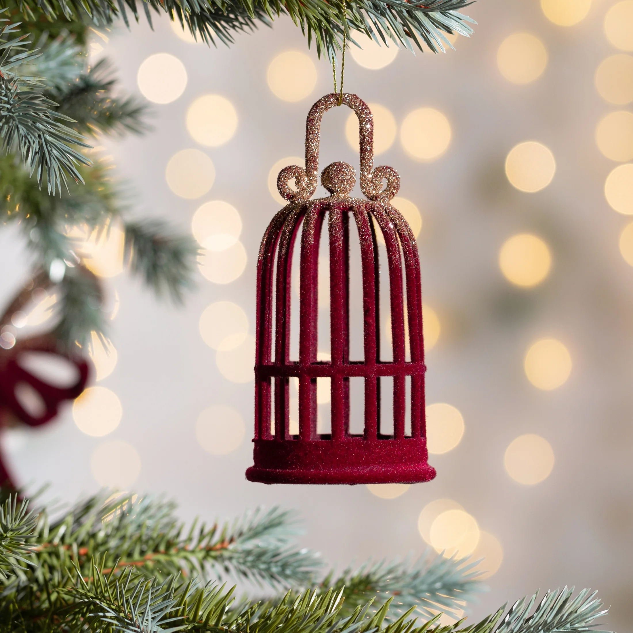 Ozdoba choinkowa klatka dla ptaszka pokryta przyjemnym welwetem |