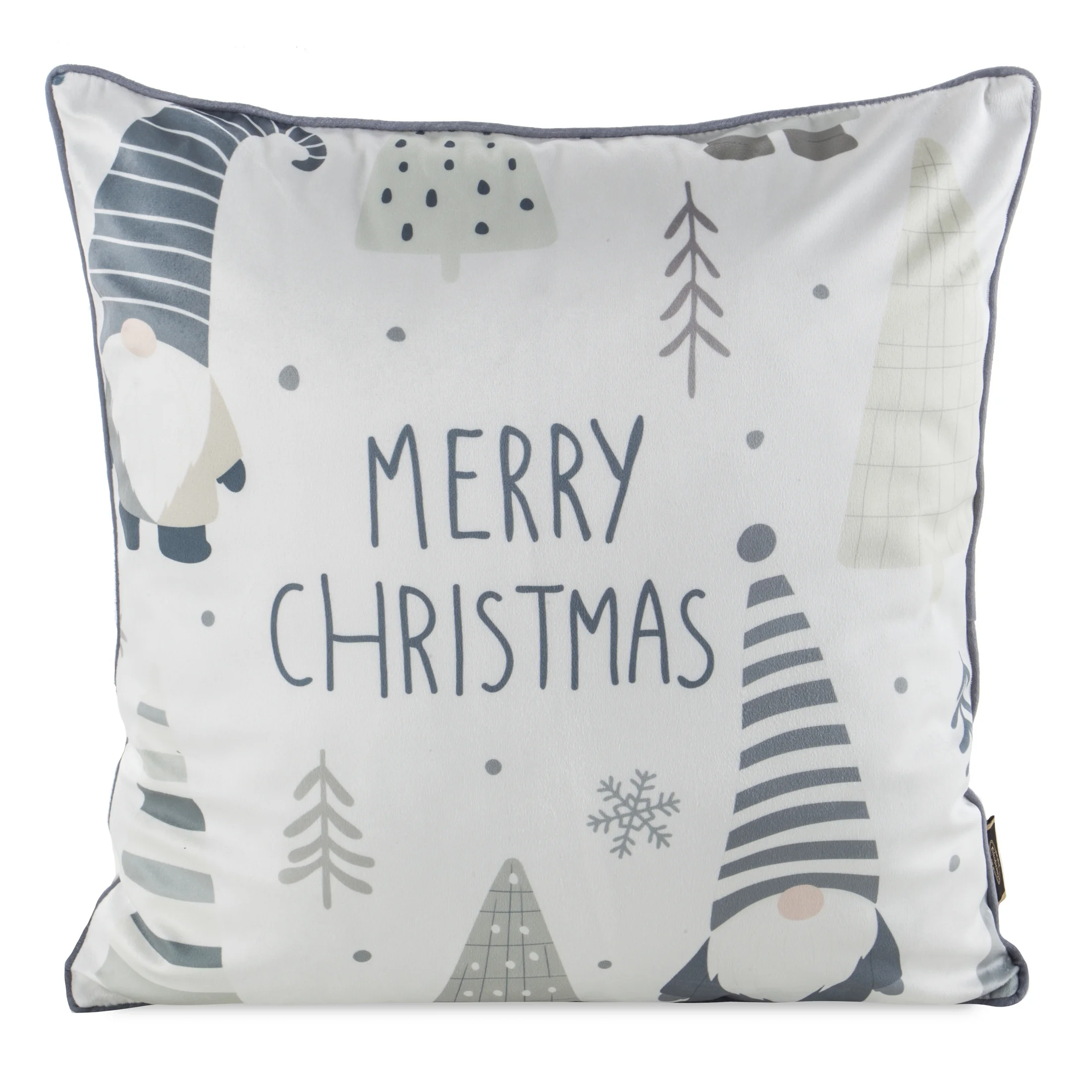 Poszewka na poduszkę świąteczna 45x45 cm biało, stalowa zdobiona uroczym nadrukiem i elegancką wypustką | eurofirany