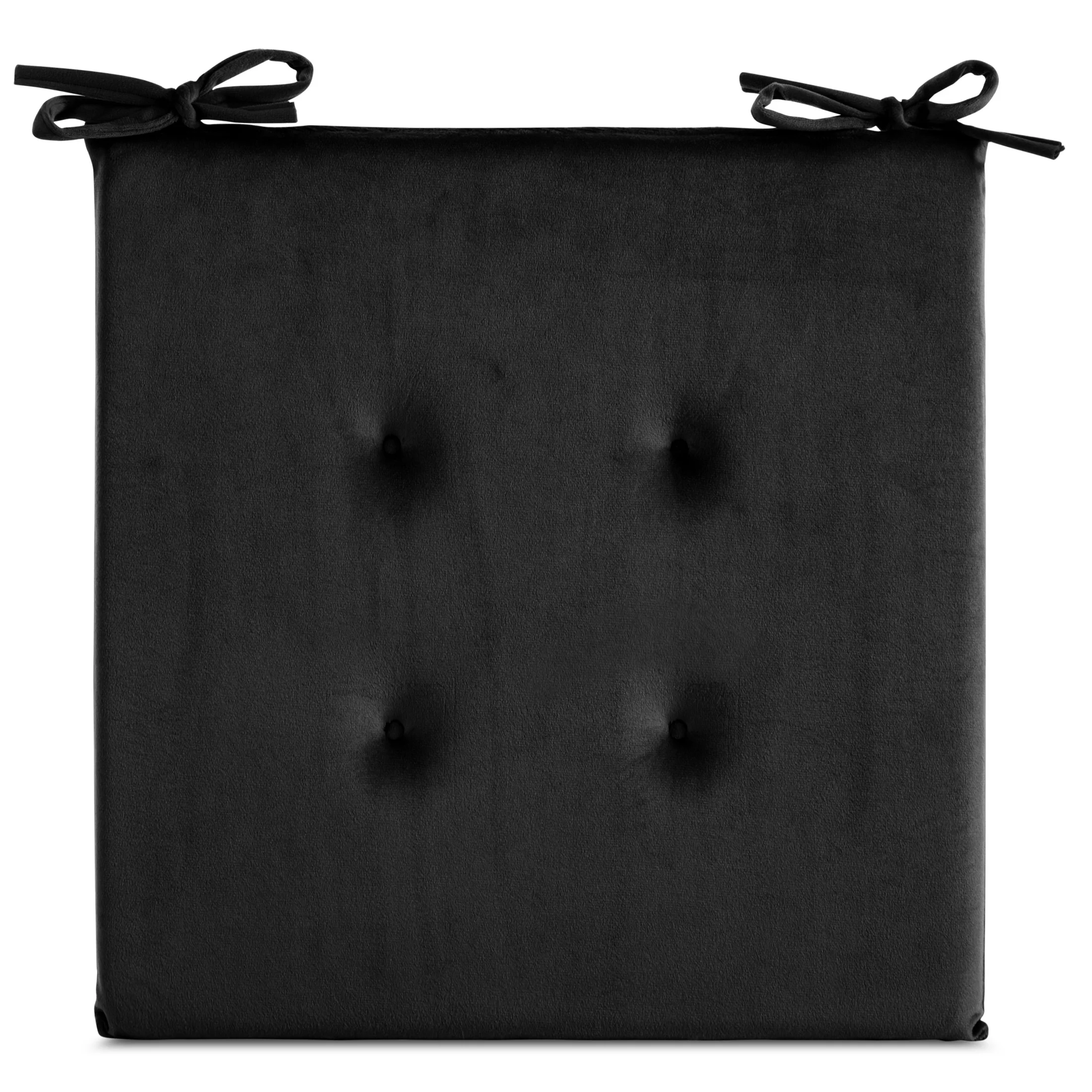 Poduszka na krzesło 40 x 40 x 3 cm welwetowa czarna z ozdobnym pikowaniem i praktycznymi troczkami GAJA