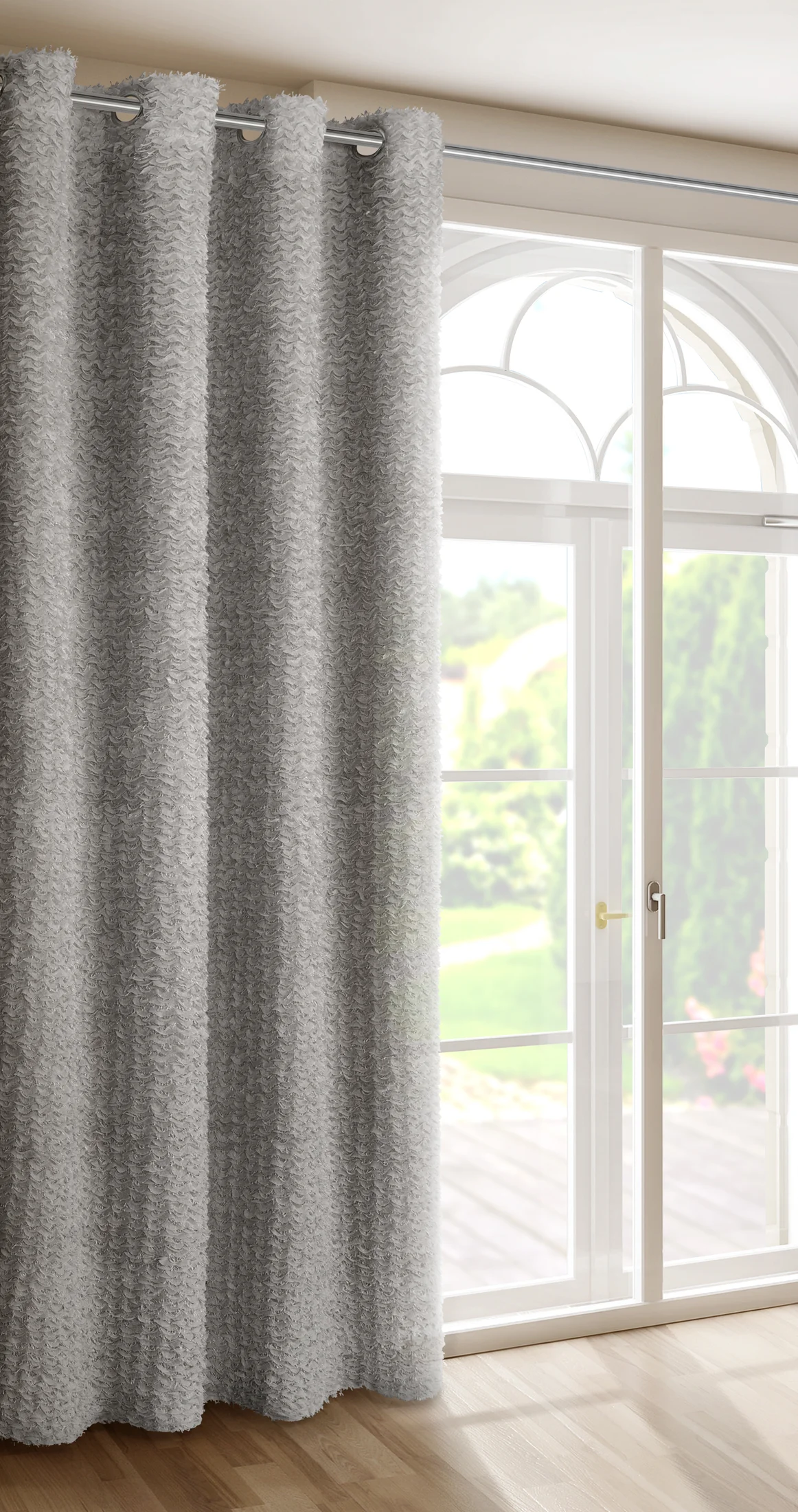 Zasłona srebrna zdobiona moherową nicią i subtelnymi falbanami 135x250 przelotka - TIFFANY - Eva Minge