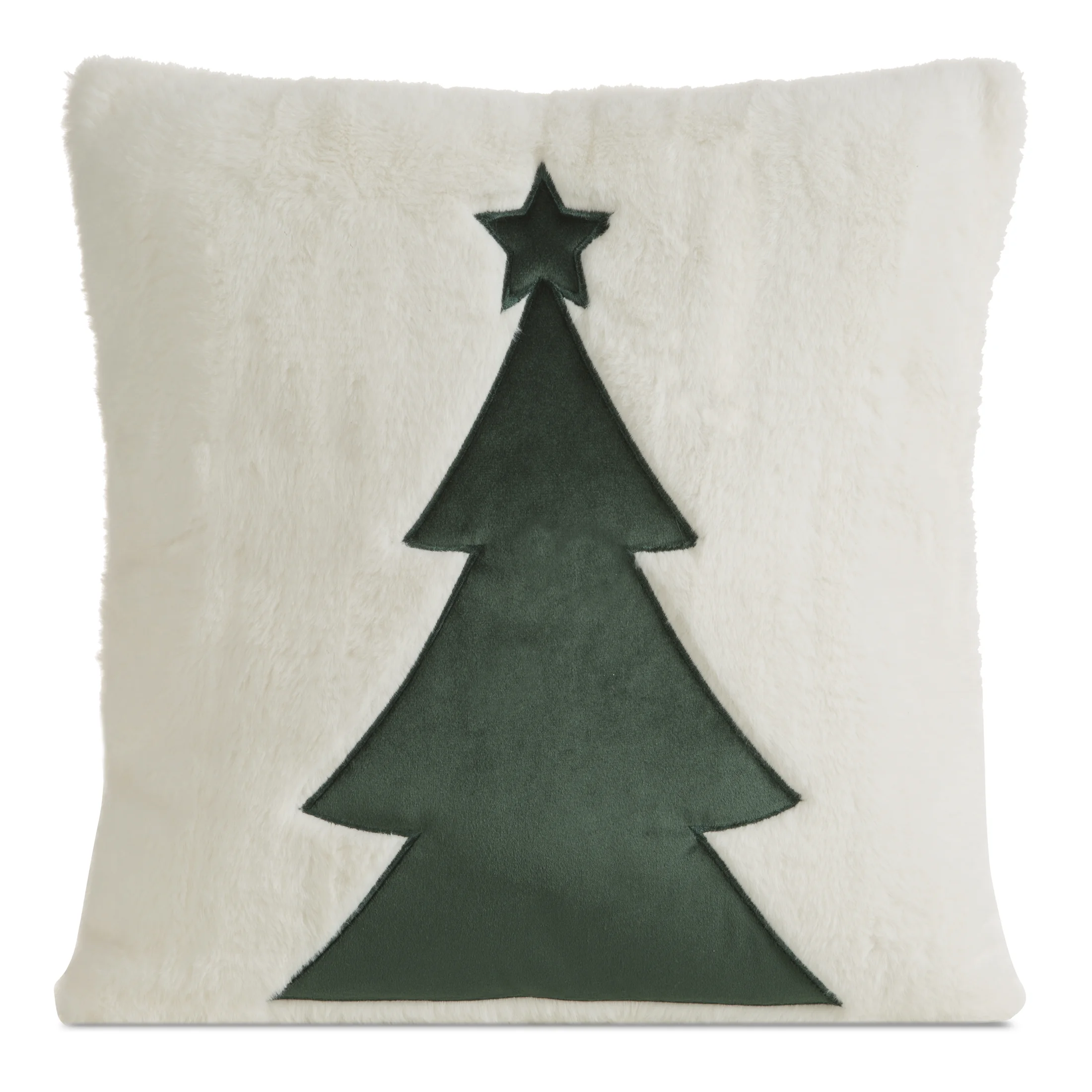 Poszewka na poduszkę 45x45 cm świąteczna z futerka kremowo zielona zdobiona motywem choinki | eurofirany