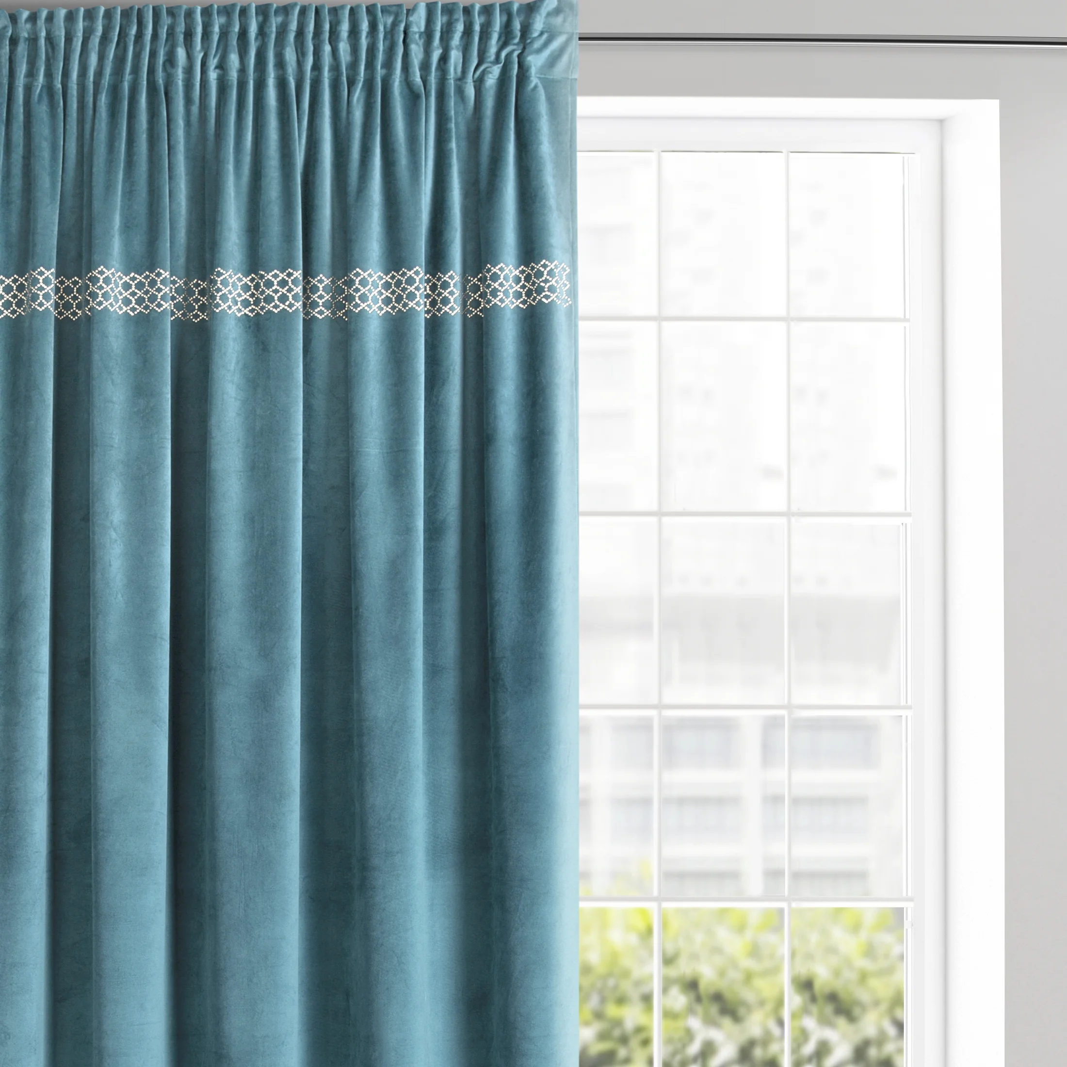 Zasłona ciemnoturkusowo, złota welwetowa ze złotymi dżetami 140x270 cm taśma - JOVITA - Diva Line | eurofirany