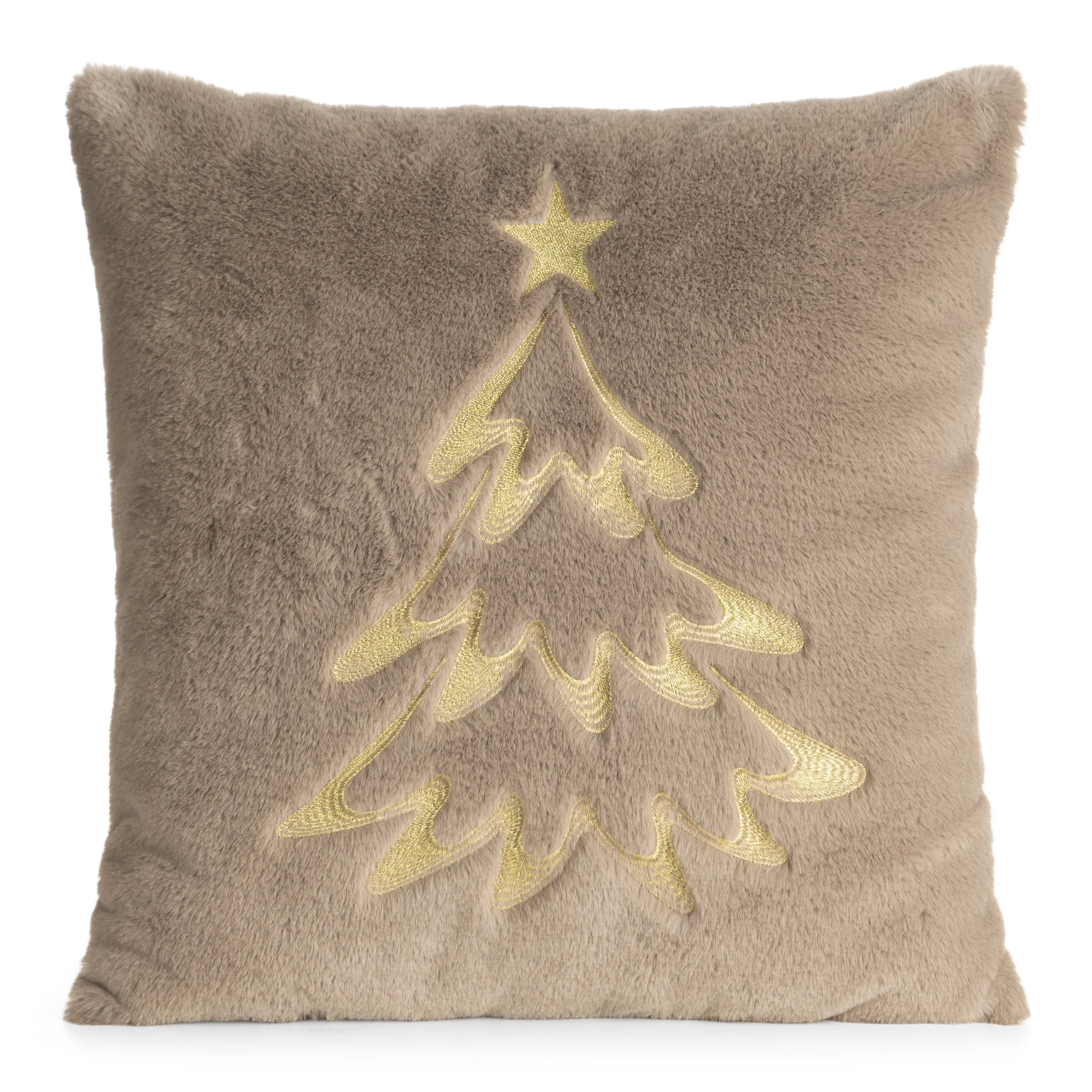 Poszewka na poduszkę świąteczna 45x45 cm jasnobrązowo, szampańska z przyjemnego futerka zdobiona haftem choinki | eurofirany
