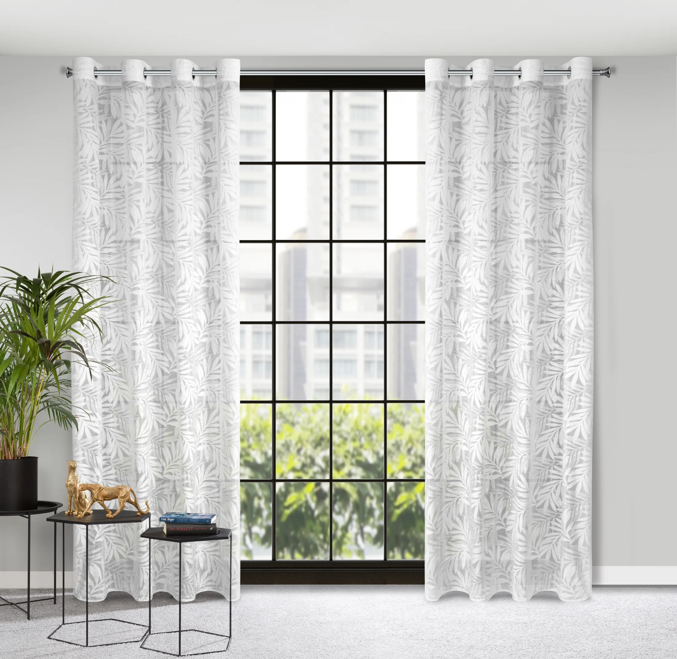 Dekoracja okienna biała z żakardowym wzorem w liście 140x250 cm przelotka - NATALY