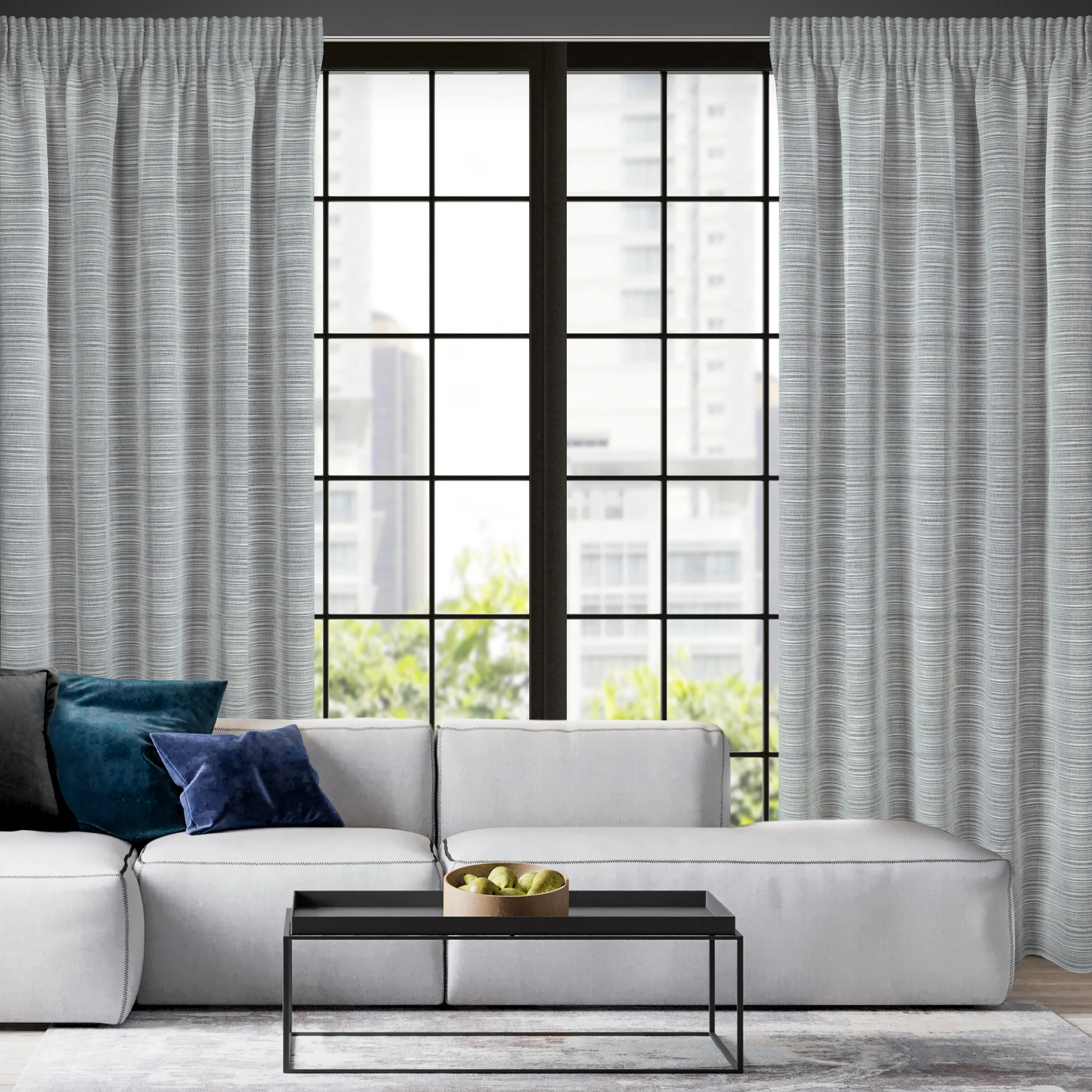 Dekoracja okienna szara w poprzeczne prążki z efektem deszczyku, półprzezroczysta 140x300 cm taśma - ARIA