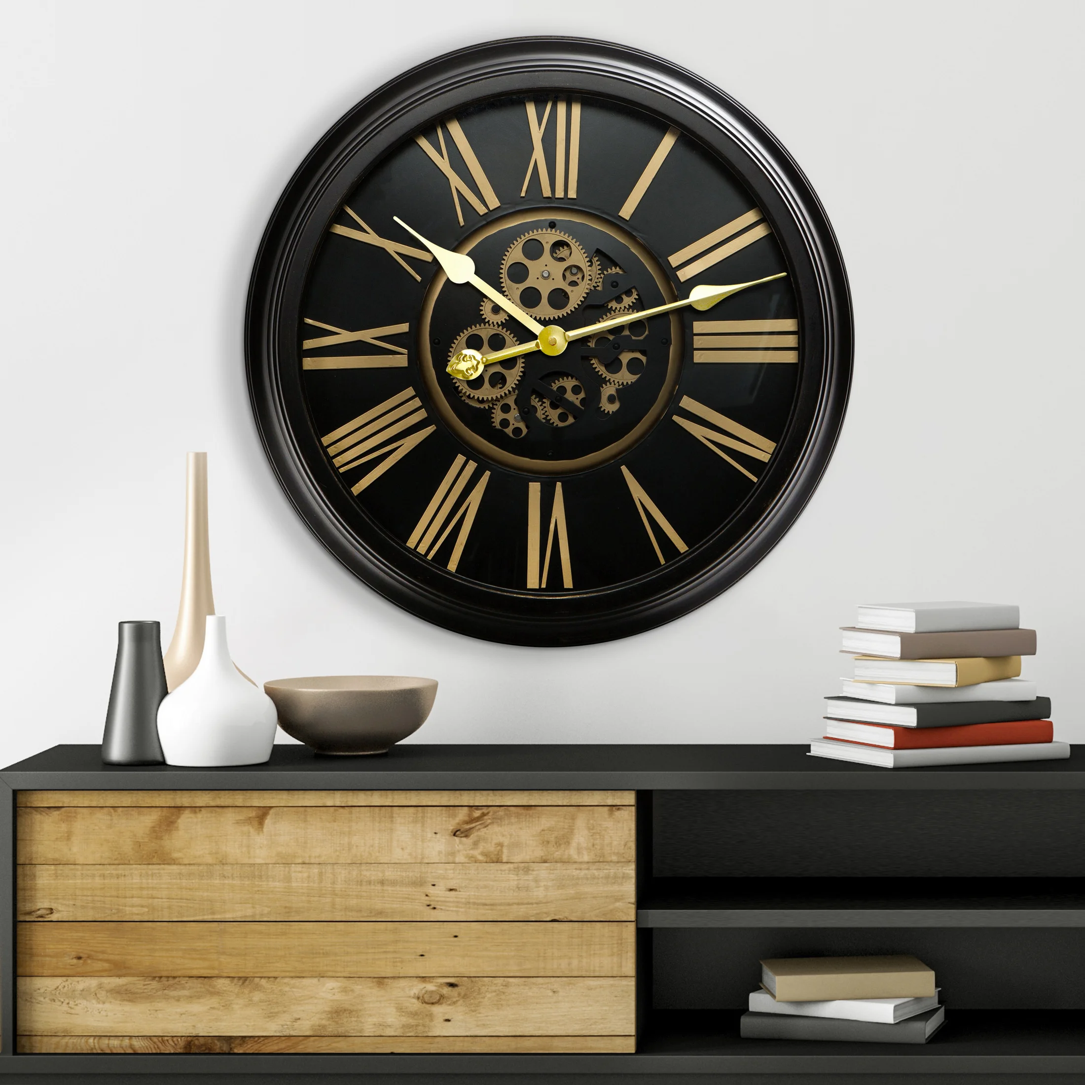 Zegar ścienny czarno-złoty w stylu retro z ruchomymi kołami zębatymi średnica 64x11 cm