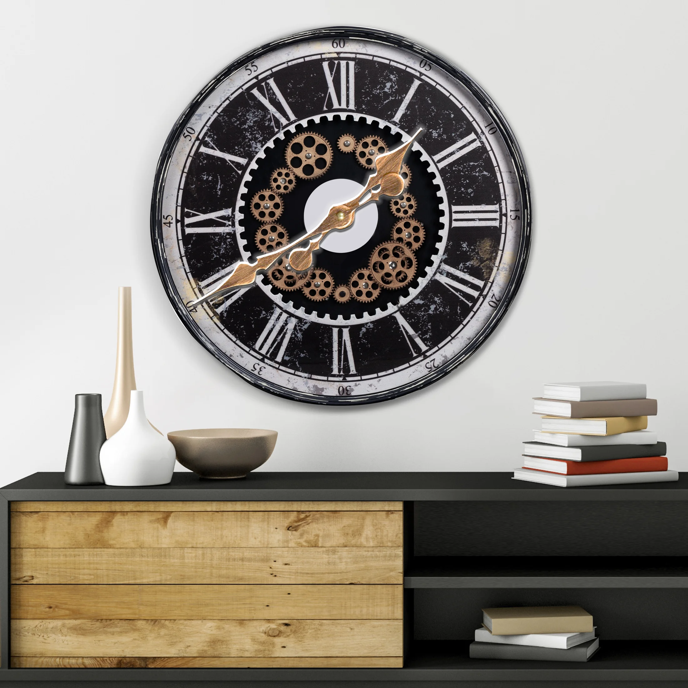 Dekoracyjny zegar ścienny w stylu shabby chic z ruchomymi kołami zębatymi