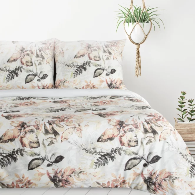 Pościel 220x200 cm komplet 3 częściowy kolor biały, pomarańczowy z motywem liści ARINA Design 91