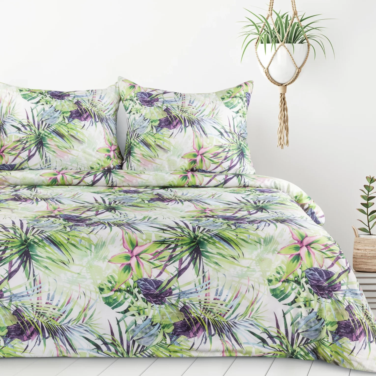 Pościel 160x200 cm komplet 3 częściowy z mikrofibry kolor jasnozielony, biały zdobiona botanicznym wzorem ROMMY Design 91
