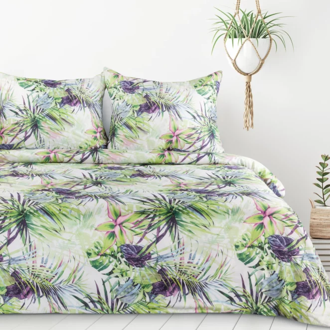 Pościel 160x200 cm komplet 3 częściowy z mikrofibry kolor jasnozielony, biały zdobiona botanicznym wzorem ROMMY Design 91