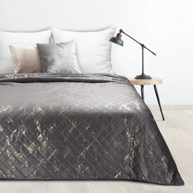 Narzuta welwetowa stalowo, złota 200x220 cm z welwetu zdobiona wzorem marmuru LUIZ 6 Design 91