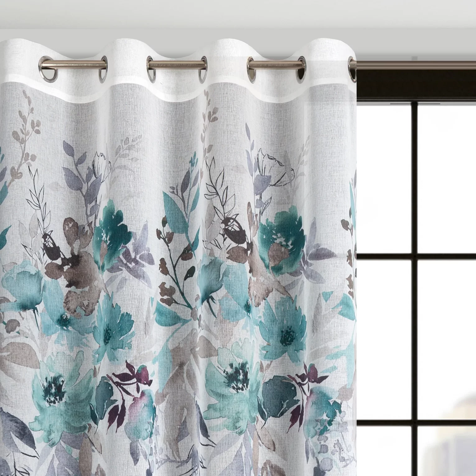 Dekoracja okienna biało, turkusowa z nadrukiem kwiatów, z lekkiej, półprzezroczystej etaminy 140x250 cm przelotka - GRETA - Design 91