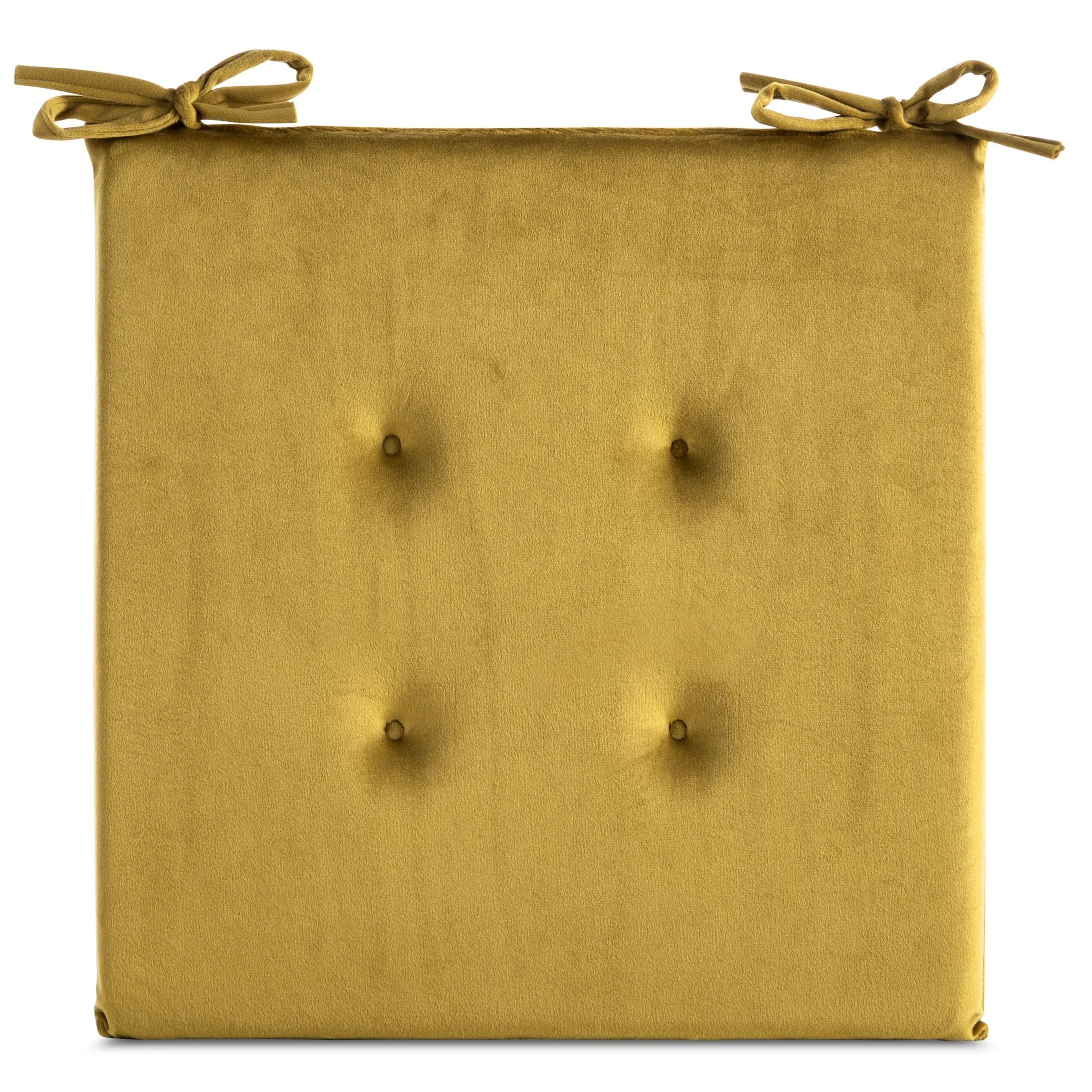 Poduszka na krzesło 40 x 40 x 3 cm welwetowa musztardowa z ozdobnym pikowaniem i praktycznymi troczkami GAJA