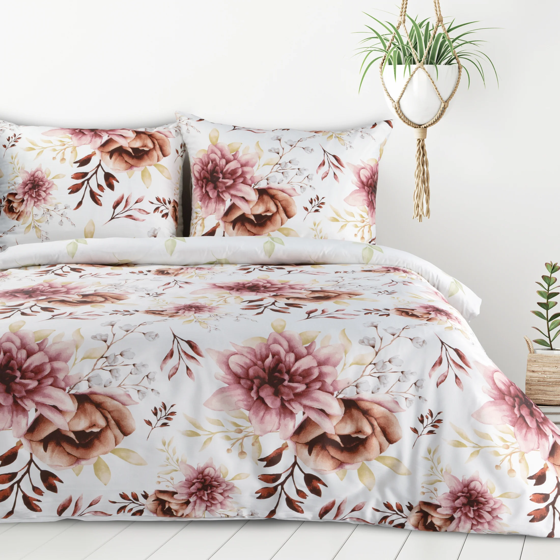 Pościel 160x200 cm z mieszanki włókien kolor biały, wrzosowy z nadrukiem kwiatów LEA11 Design 91 | eurofirany