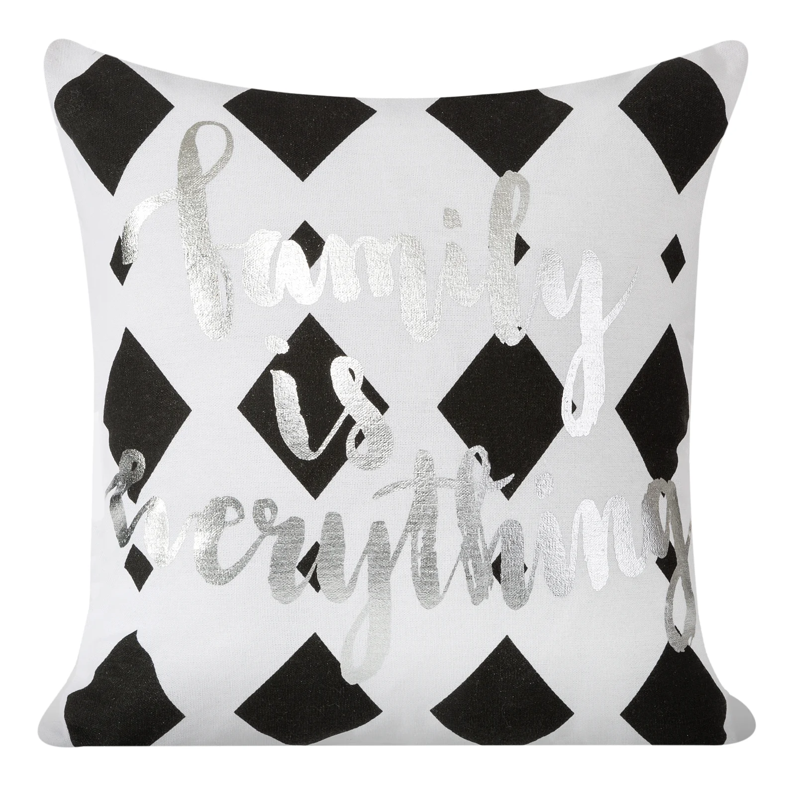 Poszewka na poduszkę 40x40 cm bawełniana, biała z nadrukiem geometrycznym i srebrnymi napisami ENOLA | eurofirany