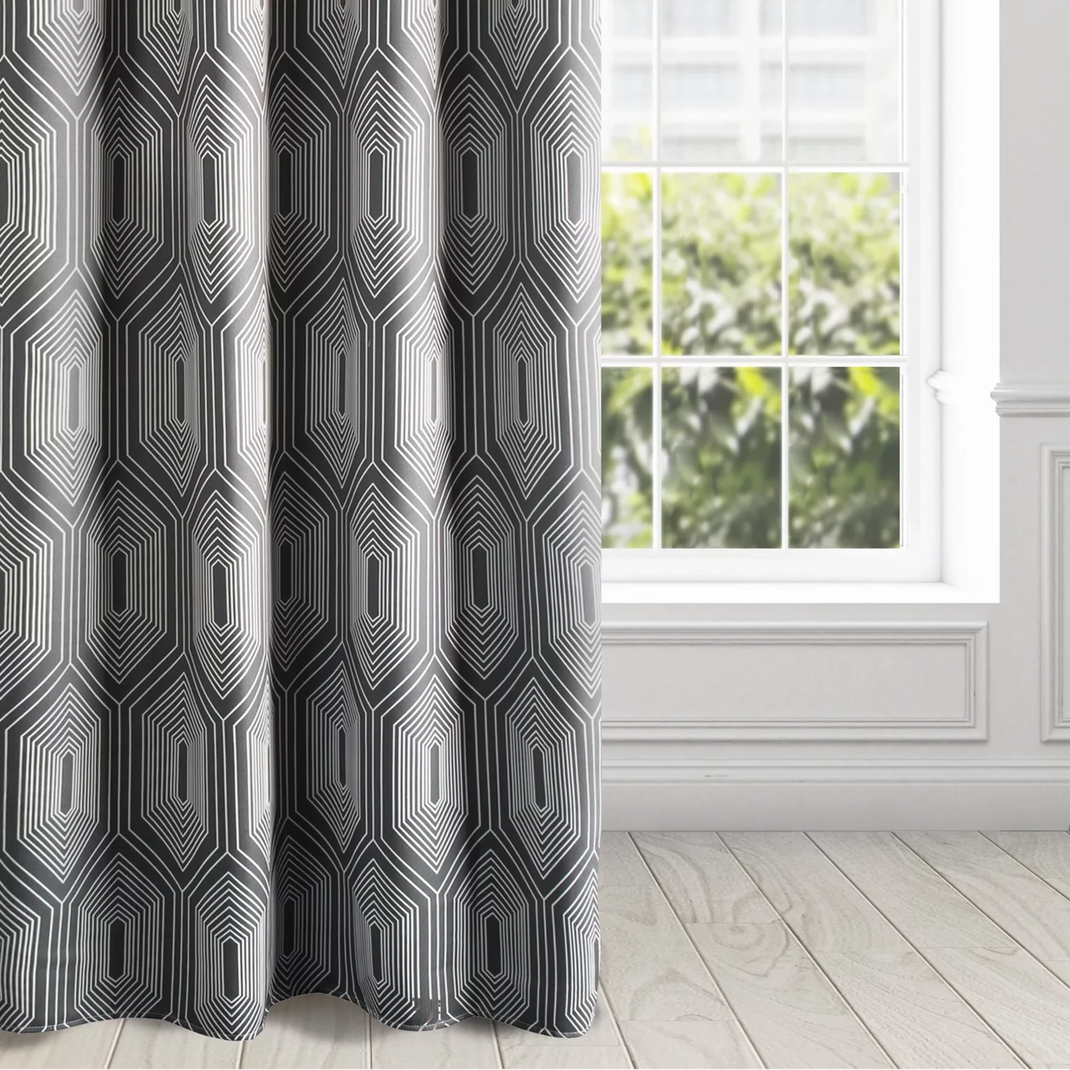 Zasłona grafitowo, biała z białym geometrycznym wzorem zaciemniająca 140x250 cm przelotka - DIADEM